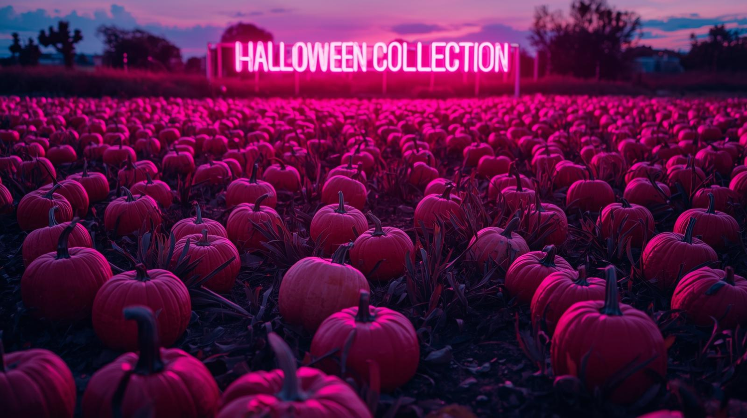 Halloween image saying Halloween collection in pink neon with a pumpkin background