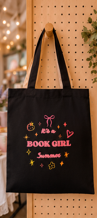 Black canvas tote bag with colourful "Book Girl Summer” design featuring bows, hearts and summer inspired bookish artwork.