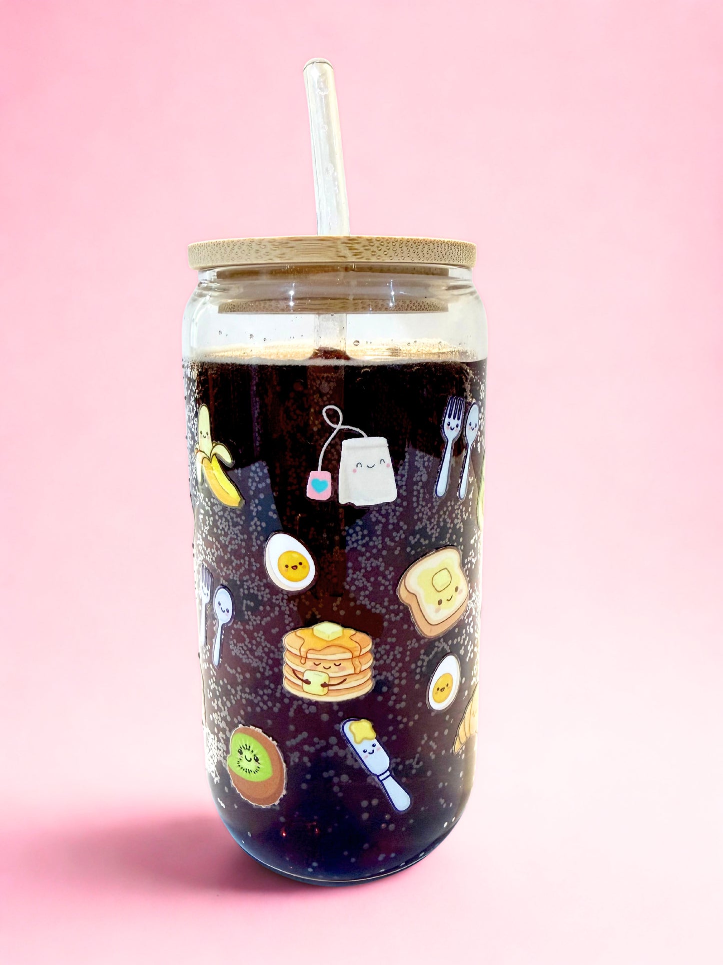 Aesthetic food glass tumbler with pancakes toast and avocado illustration