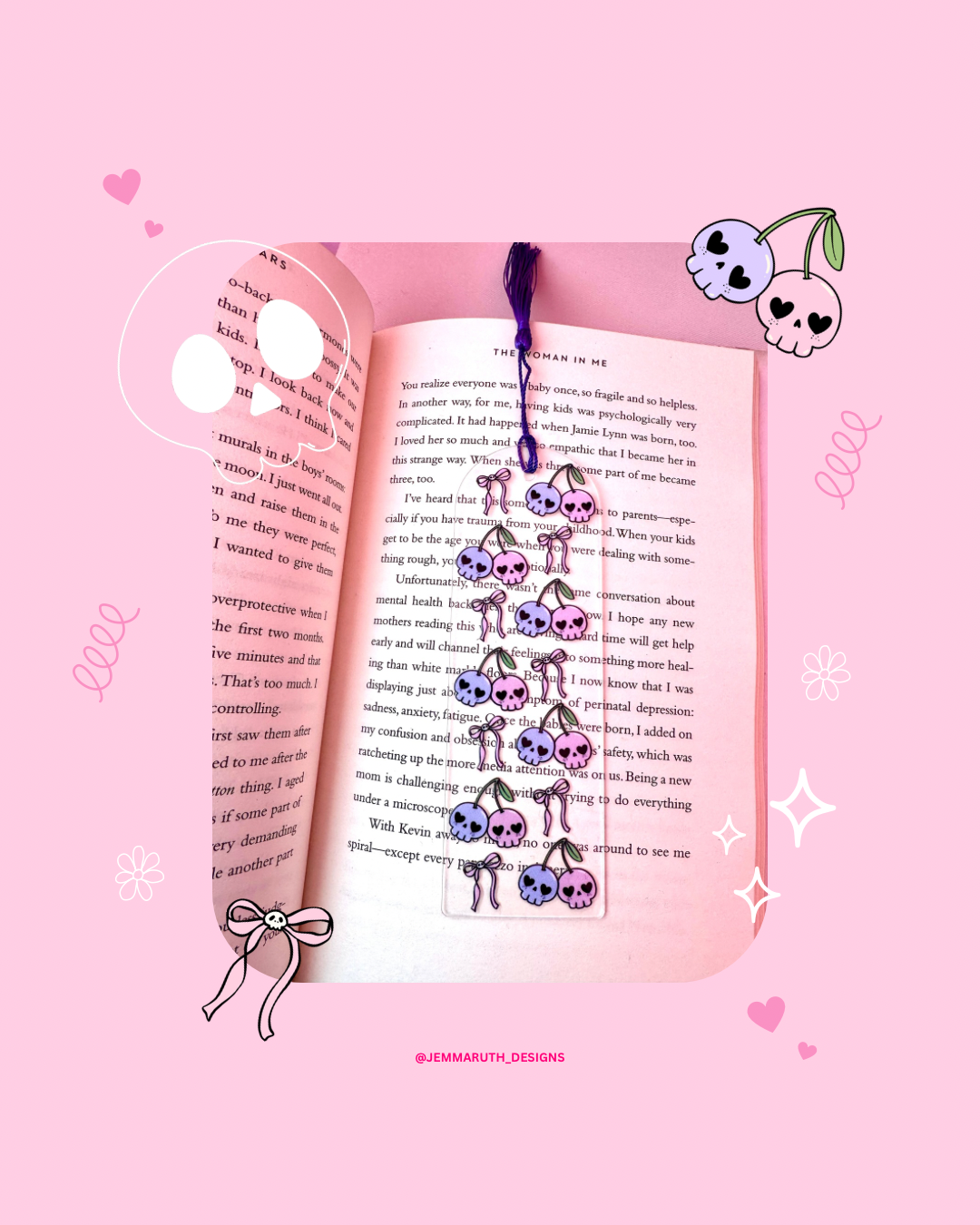 A clear acrylic bookmark with a design of pink and purple skulls styled like cherries, finished with little Halloween pink bows β a spooky-cute accessory for autumn reading.