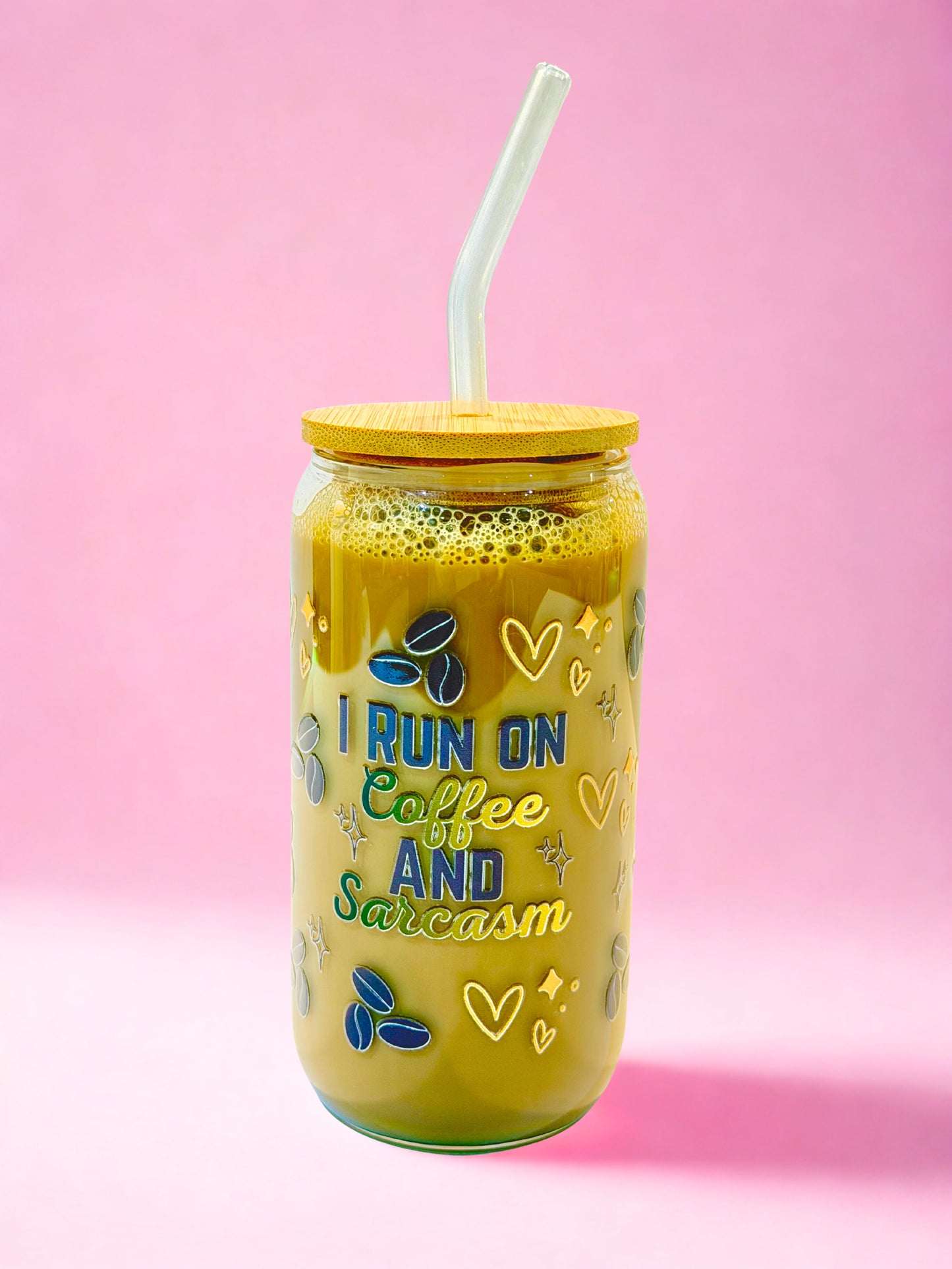 I run on coffee and sarcasm 16oz glass can cup with bamboo lid and glass straw