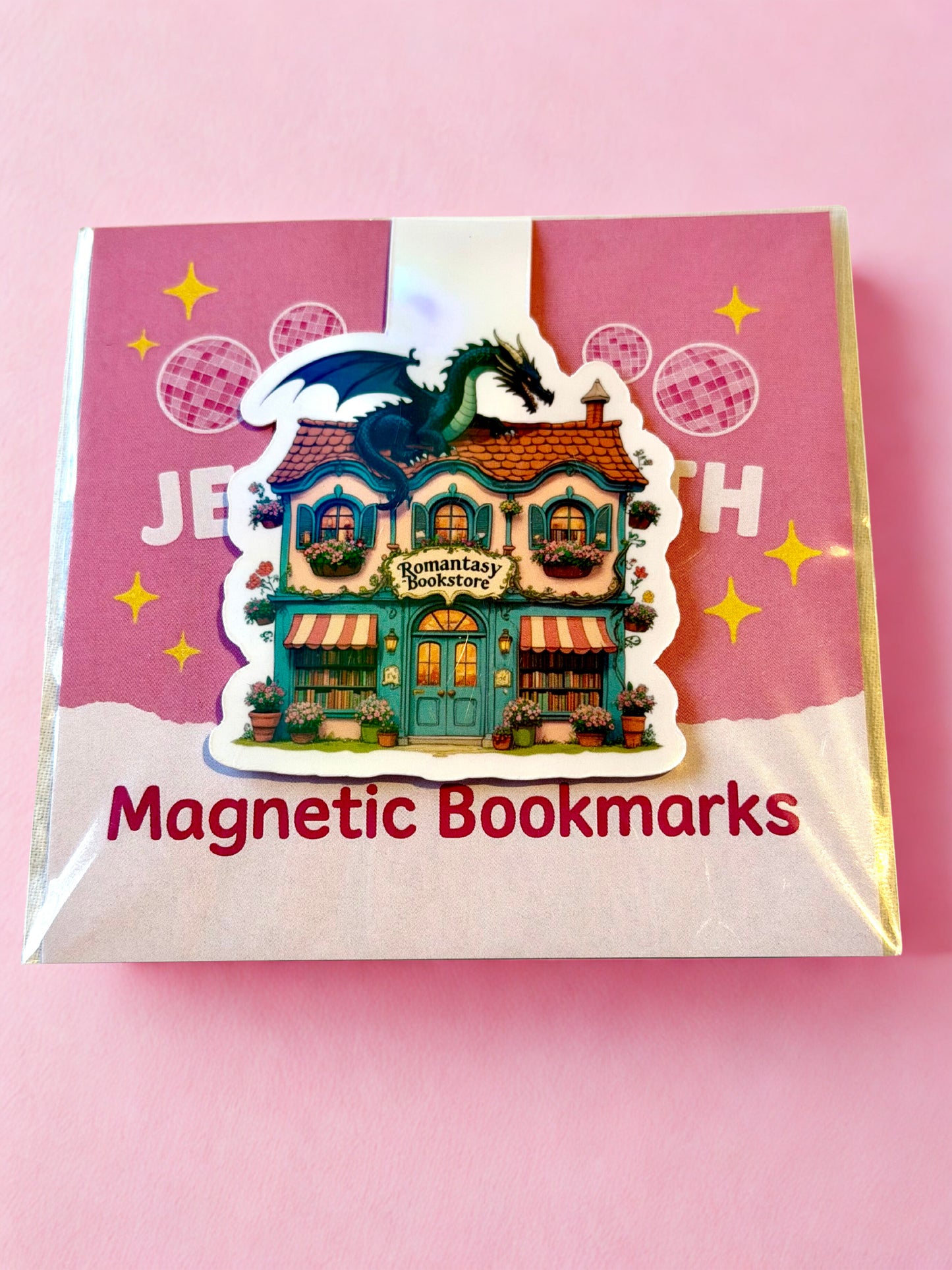 Romantasy bookstore magnetic bookmark with dragon fantasy bookshop design