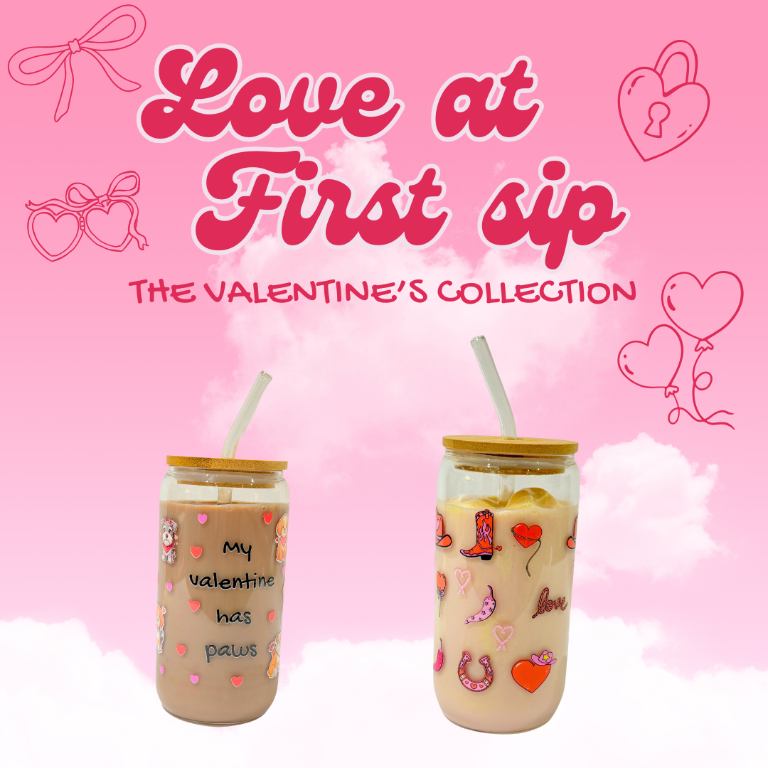 Love at First Sip Valentine’s collection featuring cute pink glass tumblers with heart-themed designs