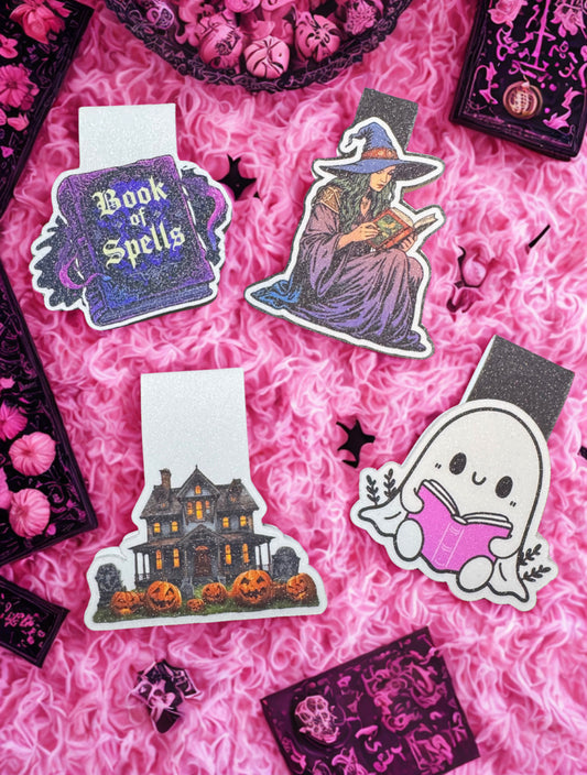 Spooky Bookmark Bundle – Set of 4 Magnetic Bookmarks (Witch, Ghost, Book of Spells & Haunted House)