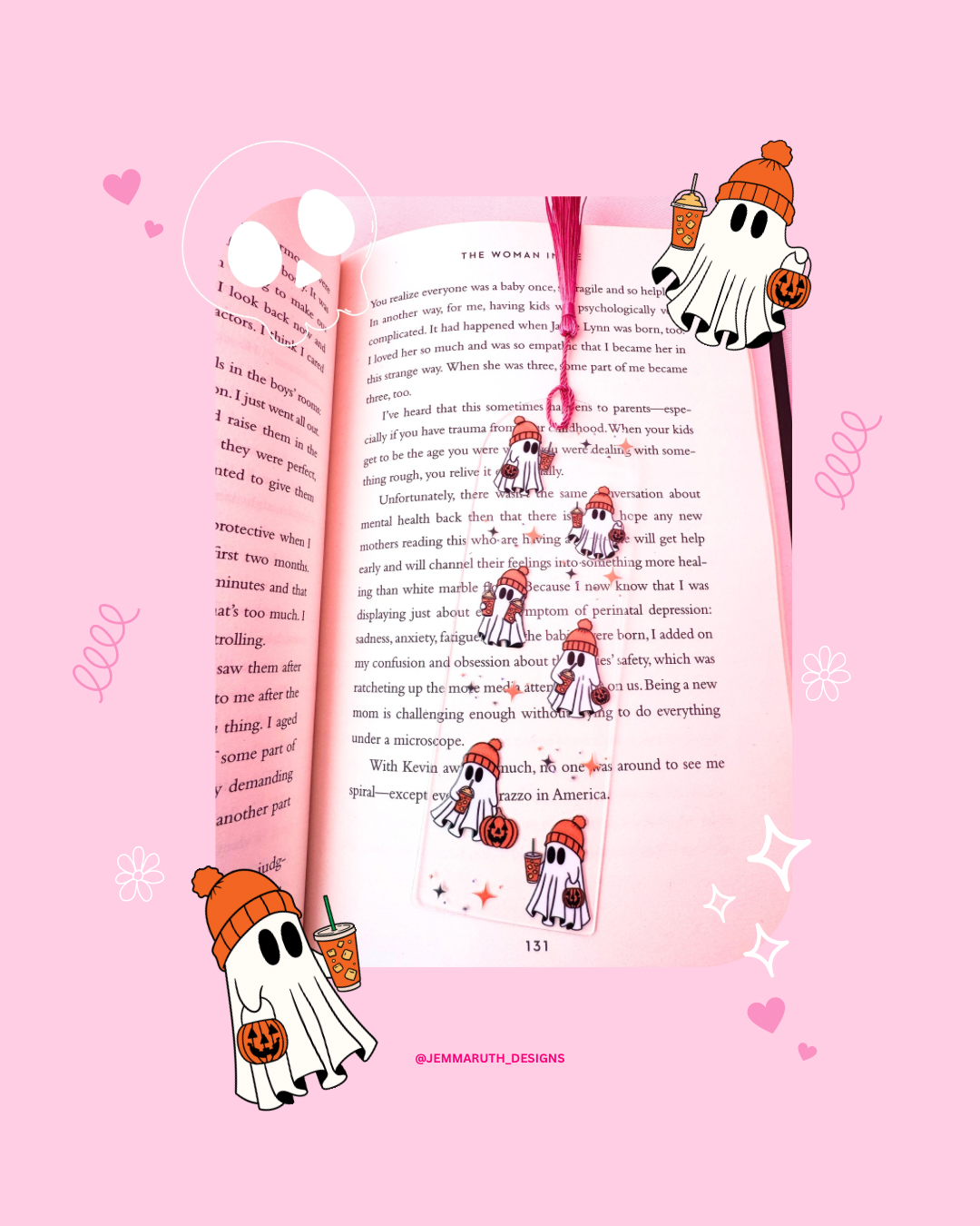 A clear acrylic bookmark decorated with cute white ghosts holding pumpkin spice lattes and orange pumpkin trick-or-treat bags, perfect for Halloween and autumn reading