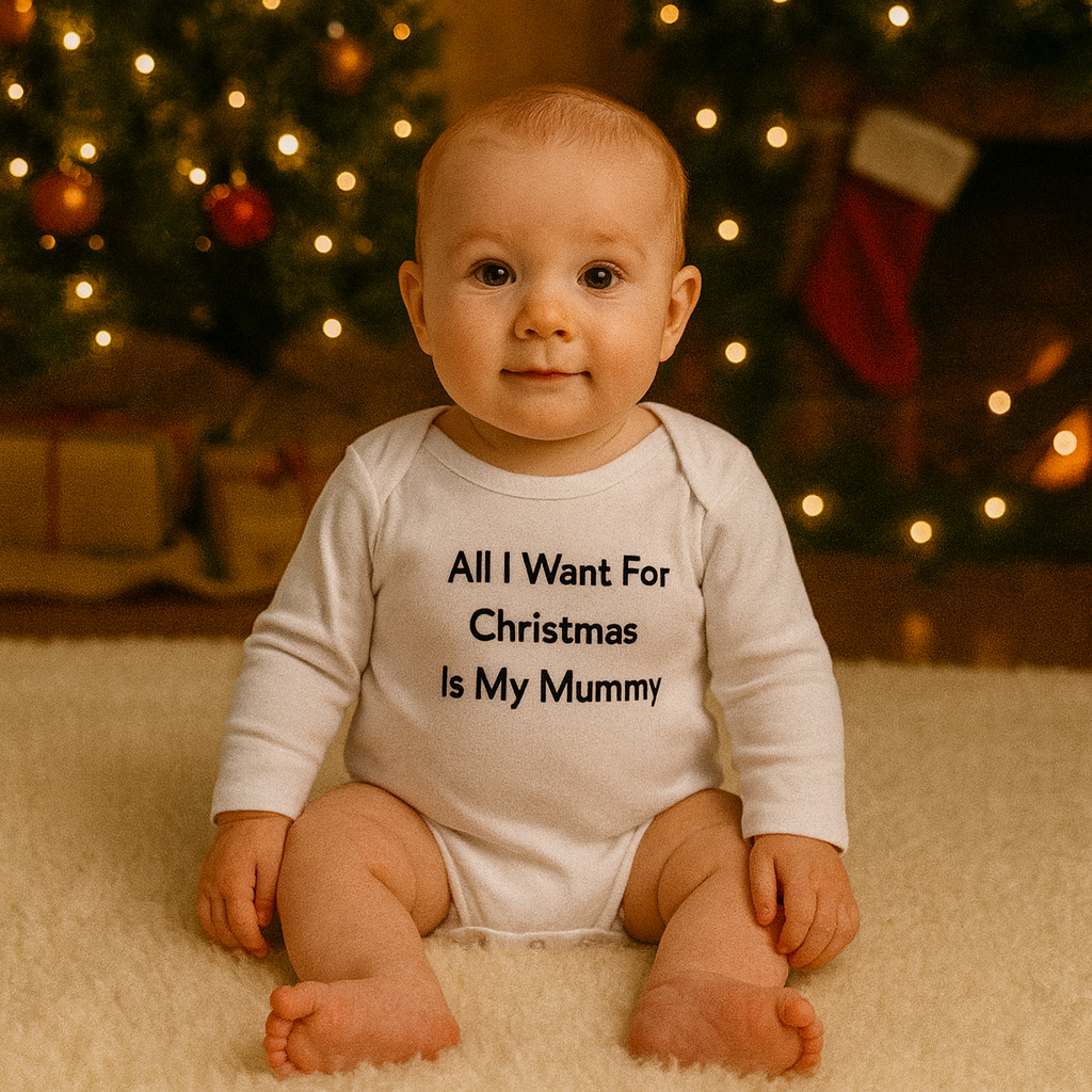 A baby wearing a white long-sleeve bodysuit printed with the words “All I Want For Christmas Is My Mummy” in bold black letters, sitting on a fluffy rug with Christmas lights and a tree in the background.