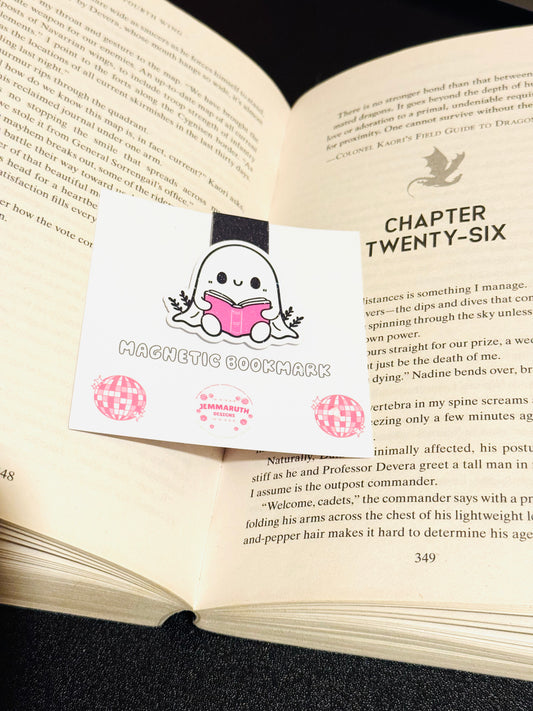 Boo Ghost magnetic Bookmark sitting on a book