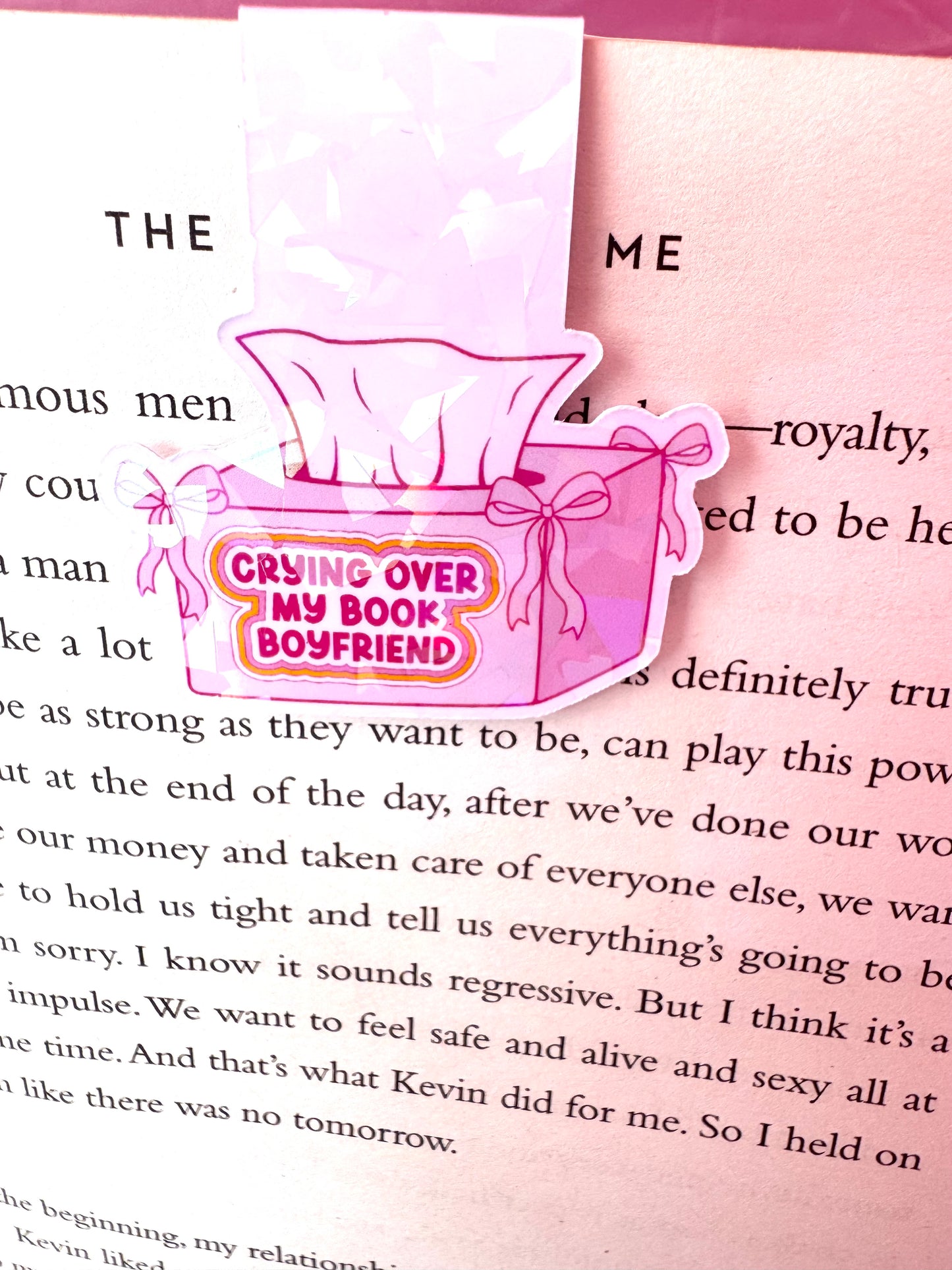 Crying over my book boyfriend magnetic bookmark on open book page