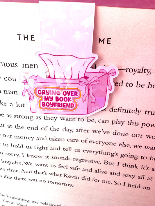 Crying over my book boyfriend magnetic bookmark on open book page