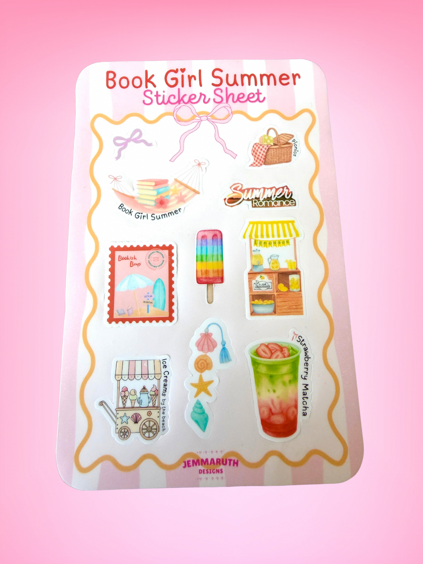 Book Girl Summer water-resistant matte vinyl sticker sheet featuring books, matcha, lemonade stand, beach hammock, popsicle and summer reading illustrations.