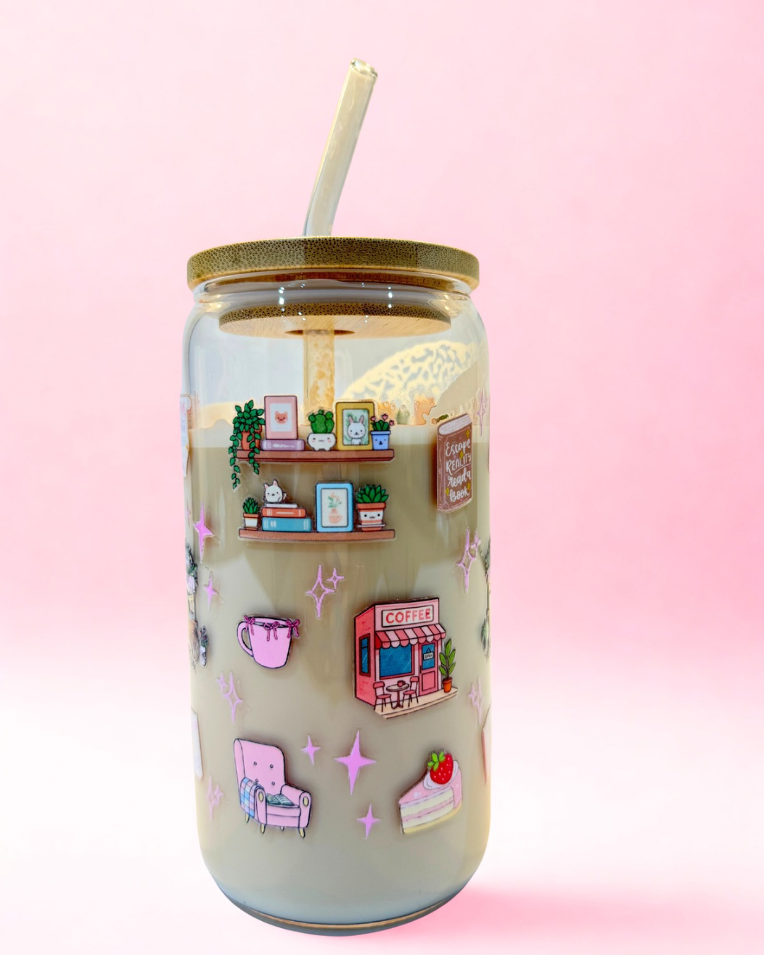 Books & Coffee 16oz glass can cup with bookish shelves, coffee shop, pink chair and cake design