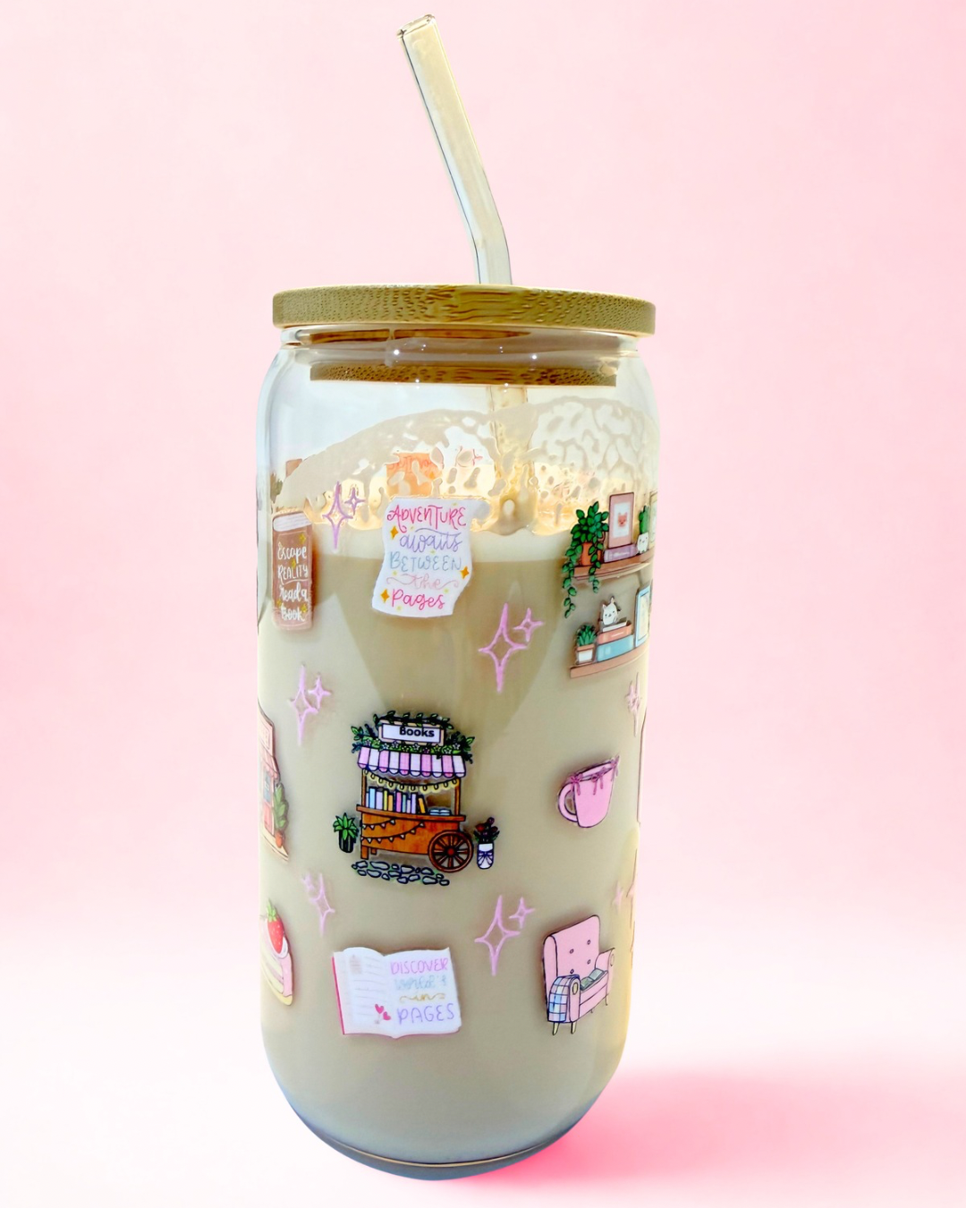Bookish glass can cup featuring books, coffee, book cart and cosy reading illustrations with bamboo lid and glass straw