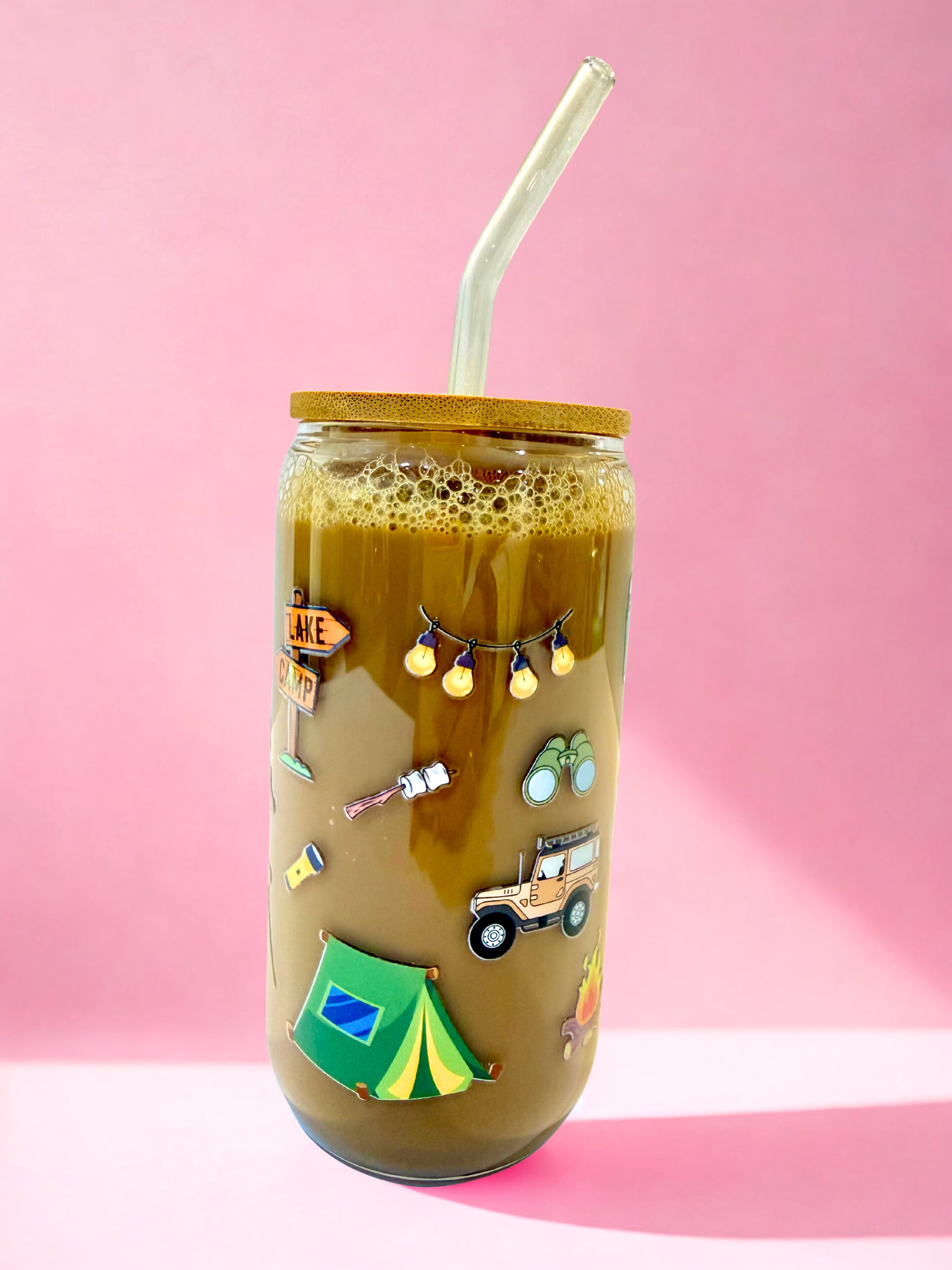 Camping vibes 16oz glass can cup with bamboo lid and glass straw