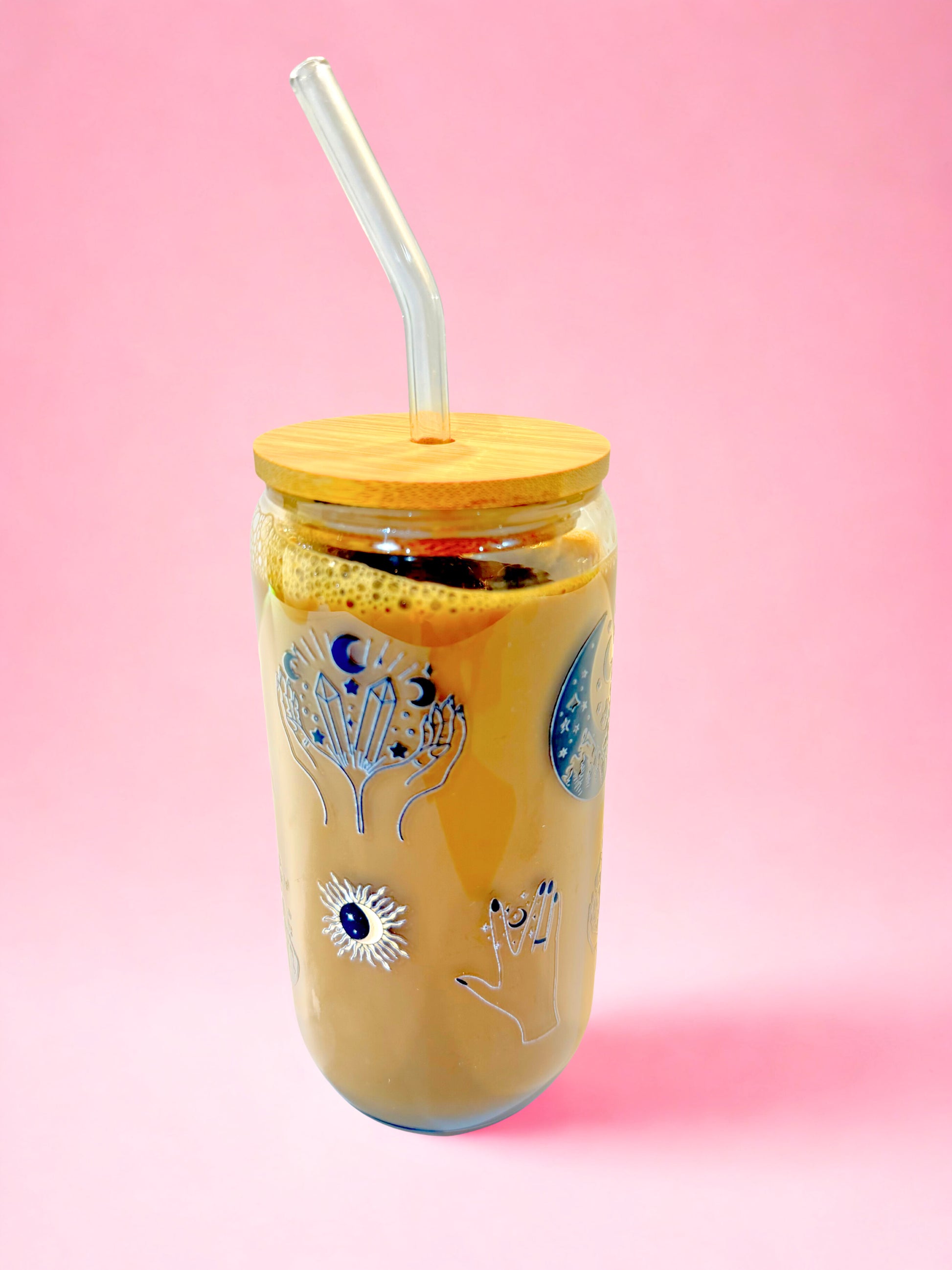 Celestial mystic 16oz glass can cup with bamboo lid and glass straw