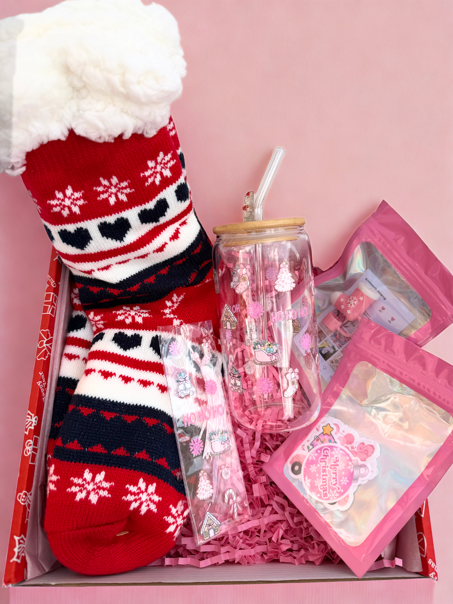 Pink Christmas Bundle – Ho Ho Ho Glass Gift Set with Straw, Socks & Stickers