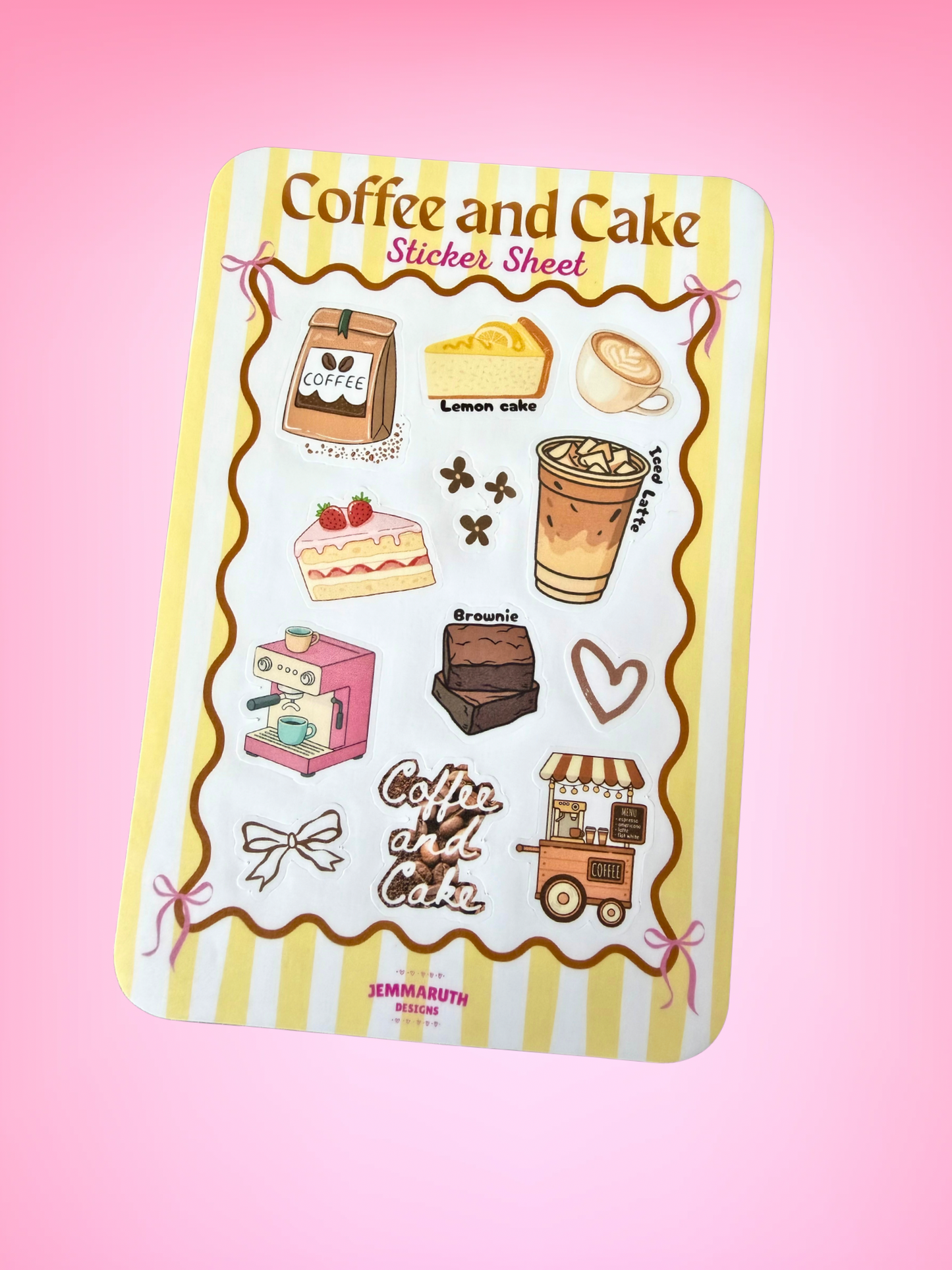 Coffee and Cake water-resistant matte vinyl sticker sheet featuring iced coffee, cake, brownies, coffee machine and café-inspired illustrations.