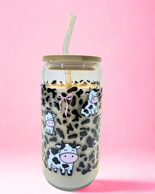 Cow Print & Bows 16oz glass can cup featuring cute cows, black and white cow print and pink bows with bamboo lid and glass straw
