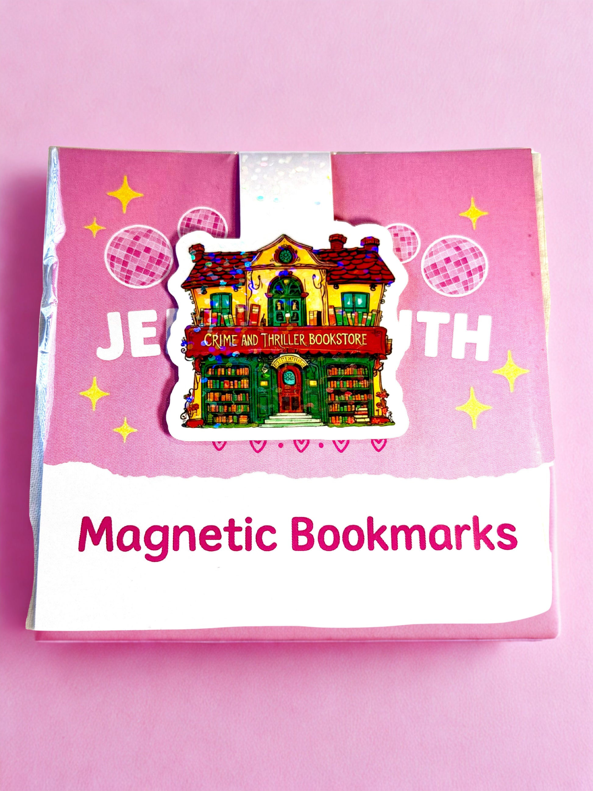 Crime and thriller bookstore magnetic bookmark with illustrated bookshop design