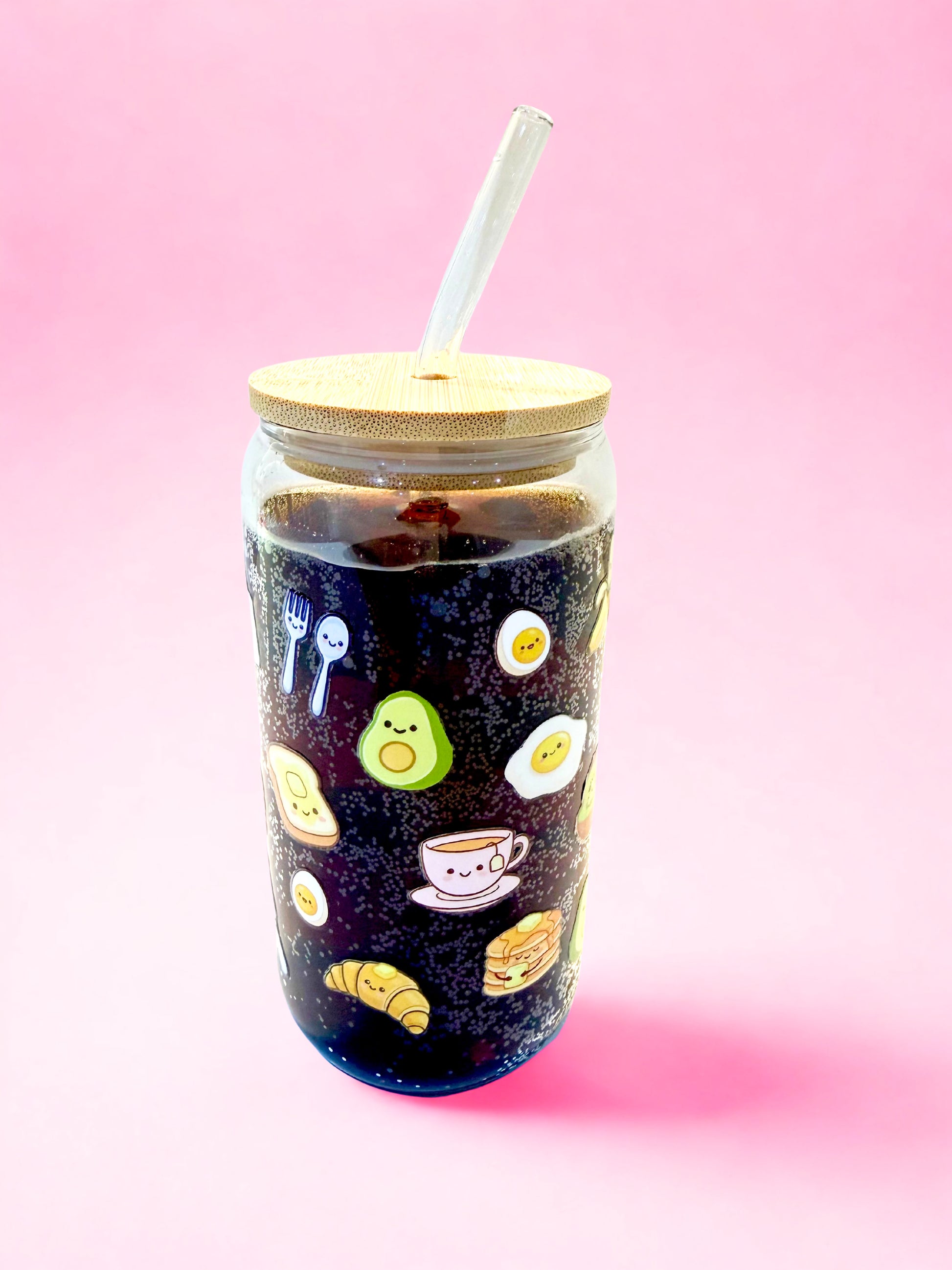 Cute breakfast themed glass can cup with kawaii food design on pink background