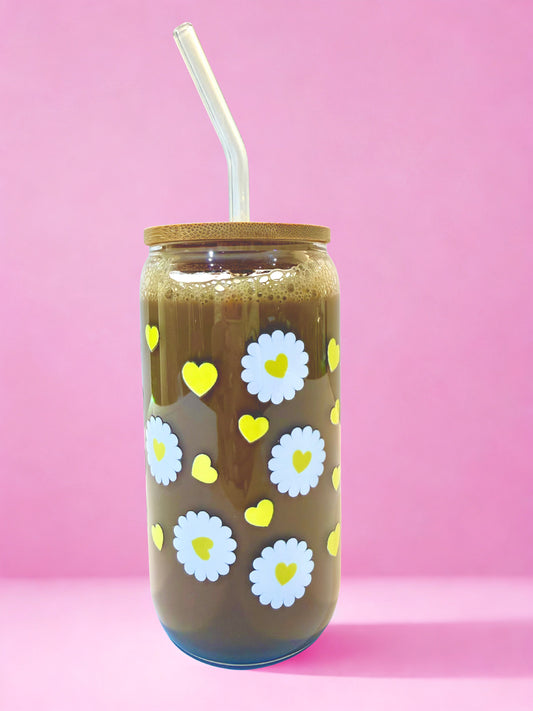 Daisy hearts 16oz glass can cup with bamboo lid and glass straw