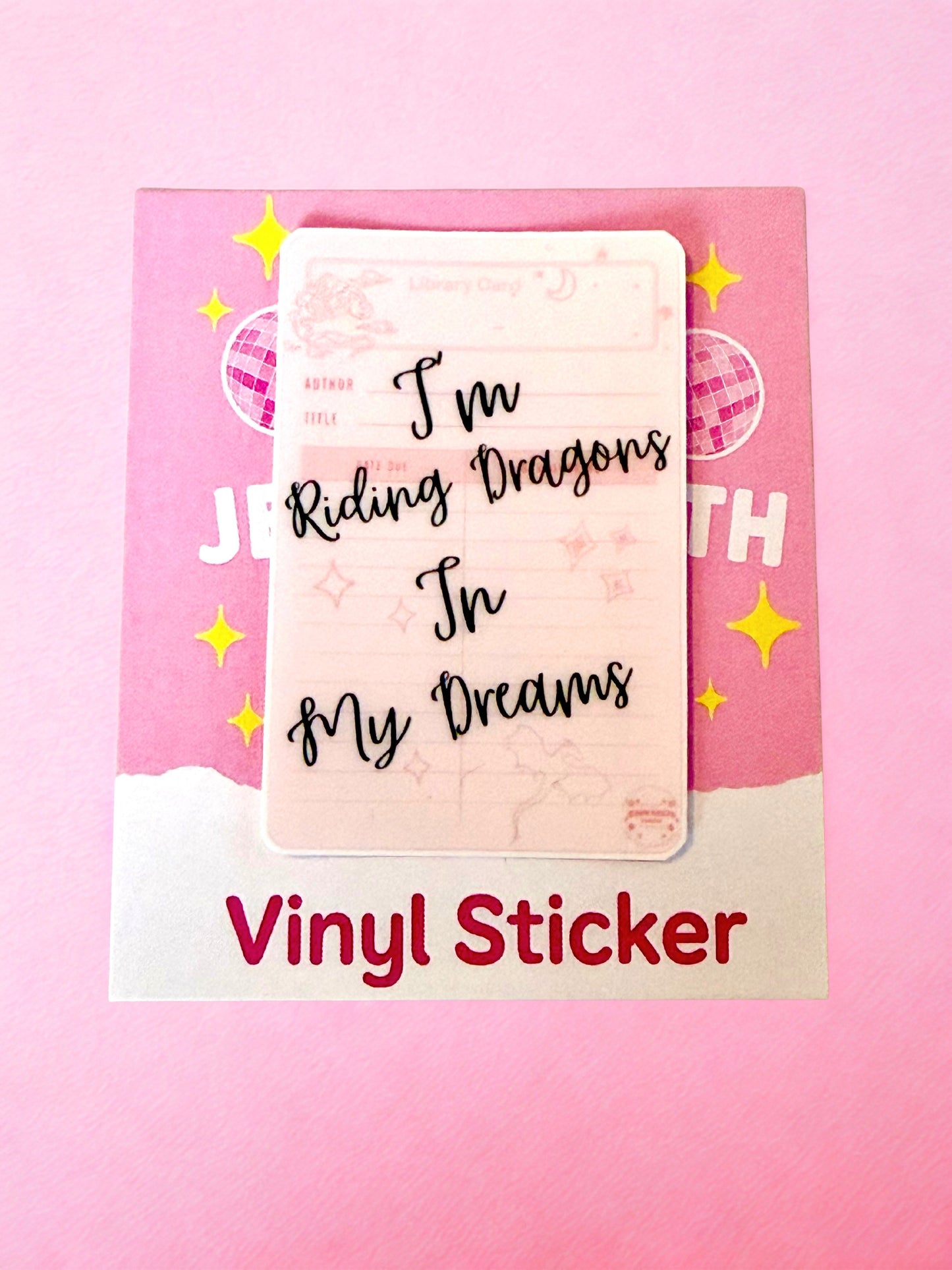 Pink fantasy dragon vinyl sticker with reading quote for romantasy readers and book lovers
