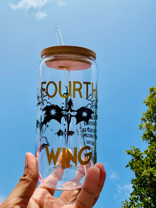 Glass tumbler with Fourth wing detail all around the glass dragons, clouds, dagger and fourth wing words
