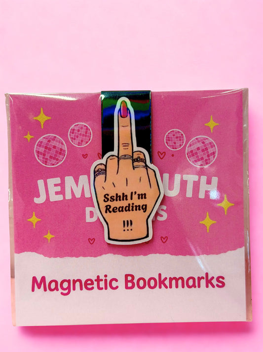 Funny “Sshh I’m Reading” magnetic bookmark with cheeky hand design on pink background