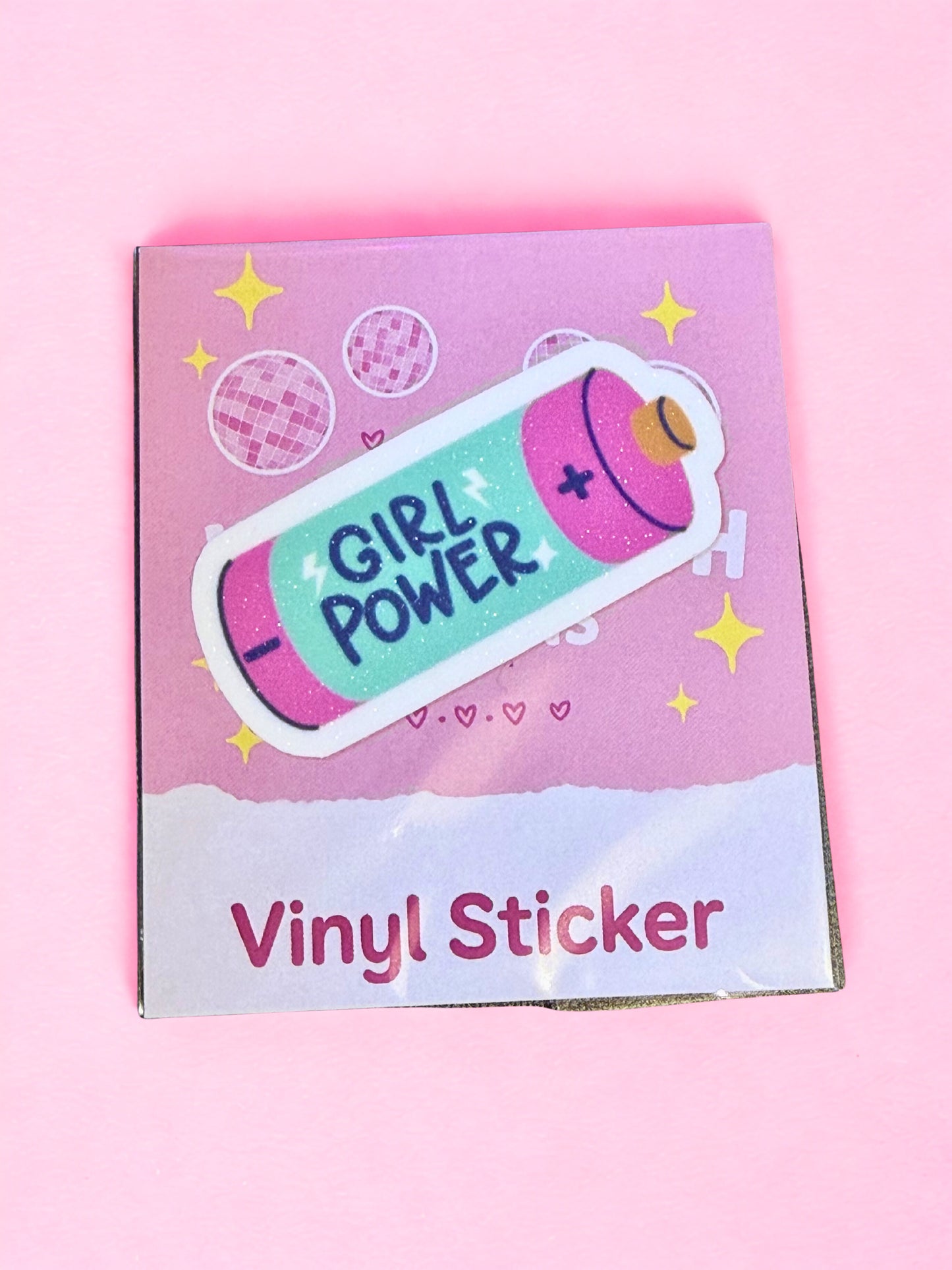 Pink and mint Girl Power battery vinyl sticker with glitter effect and glossy laminate overlay.