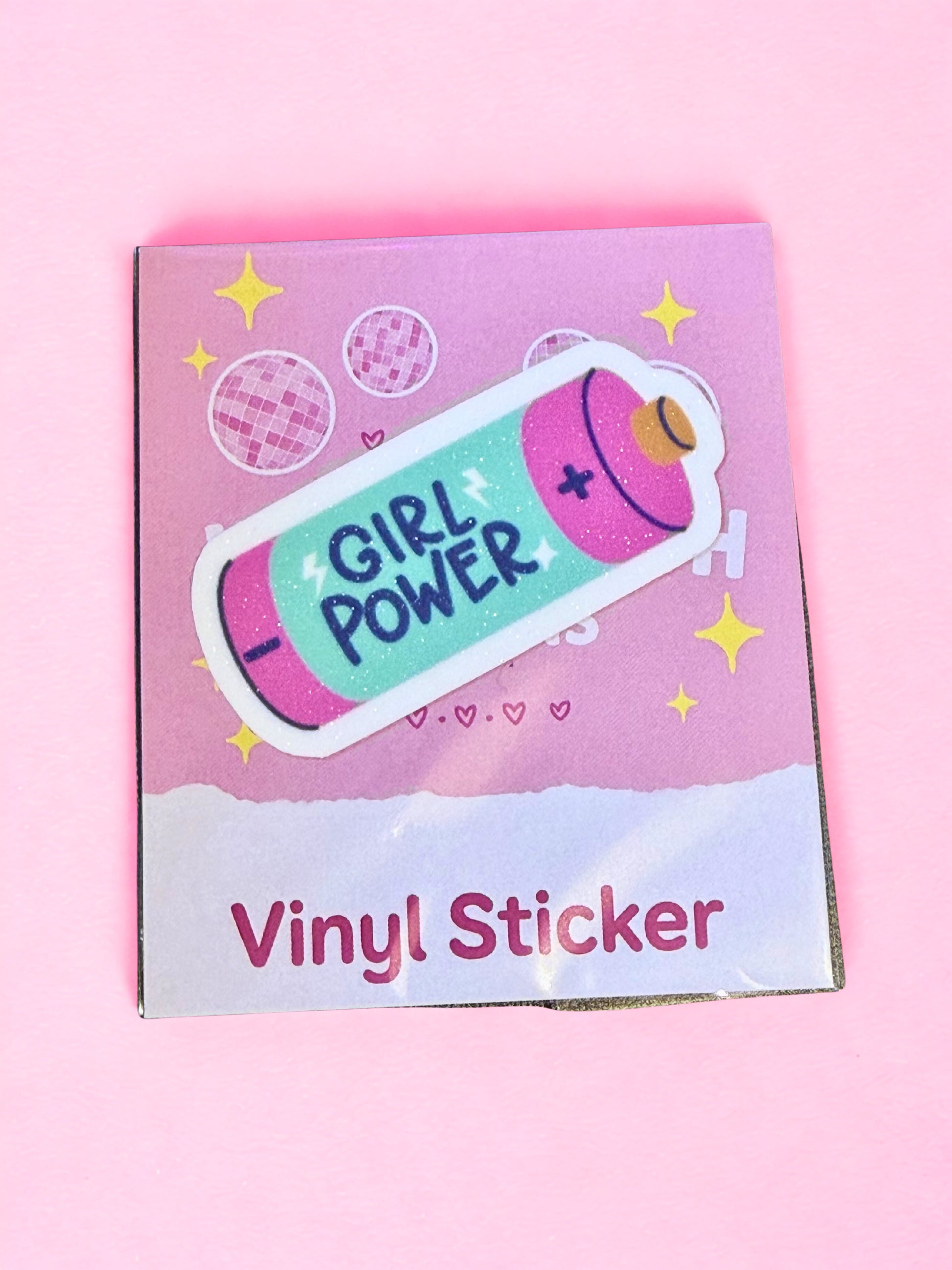 Pink and mint Girl Power battery vinyl sticker with glitter effect and glossy laminate overlay.