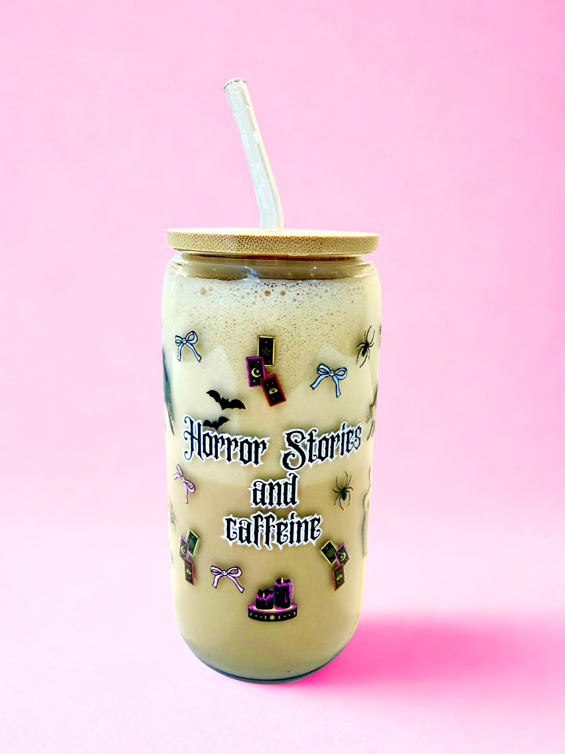 Horror Stories and Caffeine glass can cup with spooky design on pink background