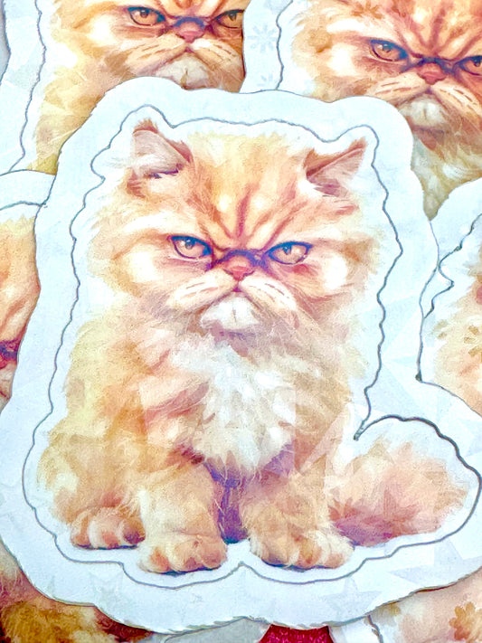 Vinyl sticker featuring a grumpy-looking ginger cat sitting upright, photographed on a flat surface