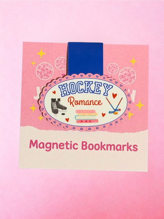 Handmade hockey romance magnetic bookmark with pastel sports romance themed artwork including hockey skates, hockey sticks, stacked books and heart details.