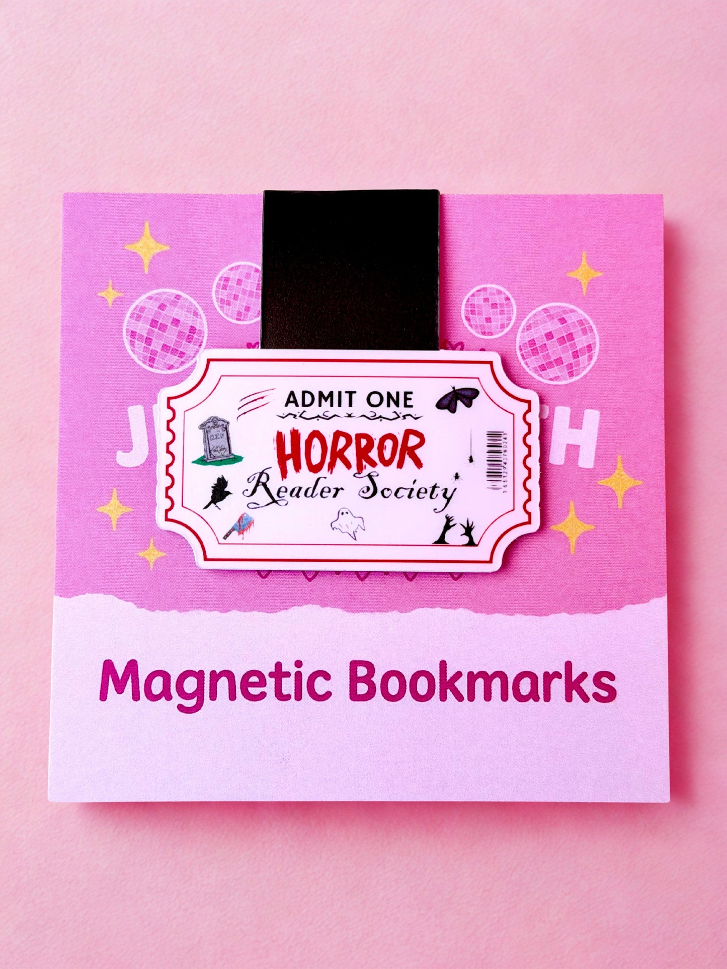 Horror magnetic bookmark with spooky admit one ticket design for horror book lovers