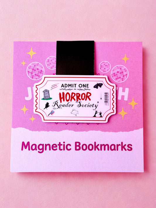 Horror magnetic bookmark with spooky admit one ticket design for horror book lovers