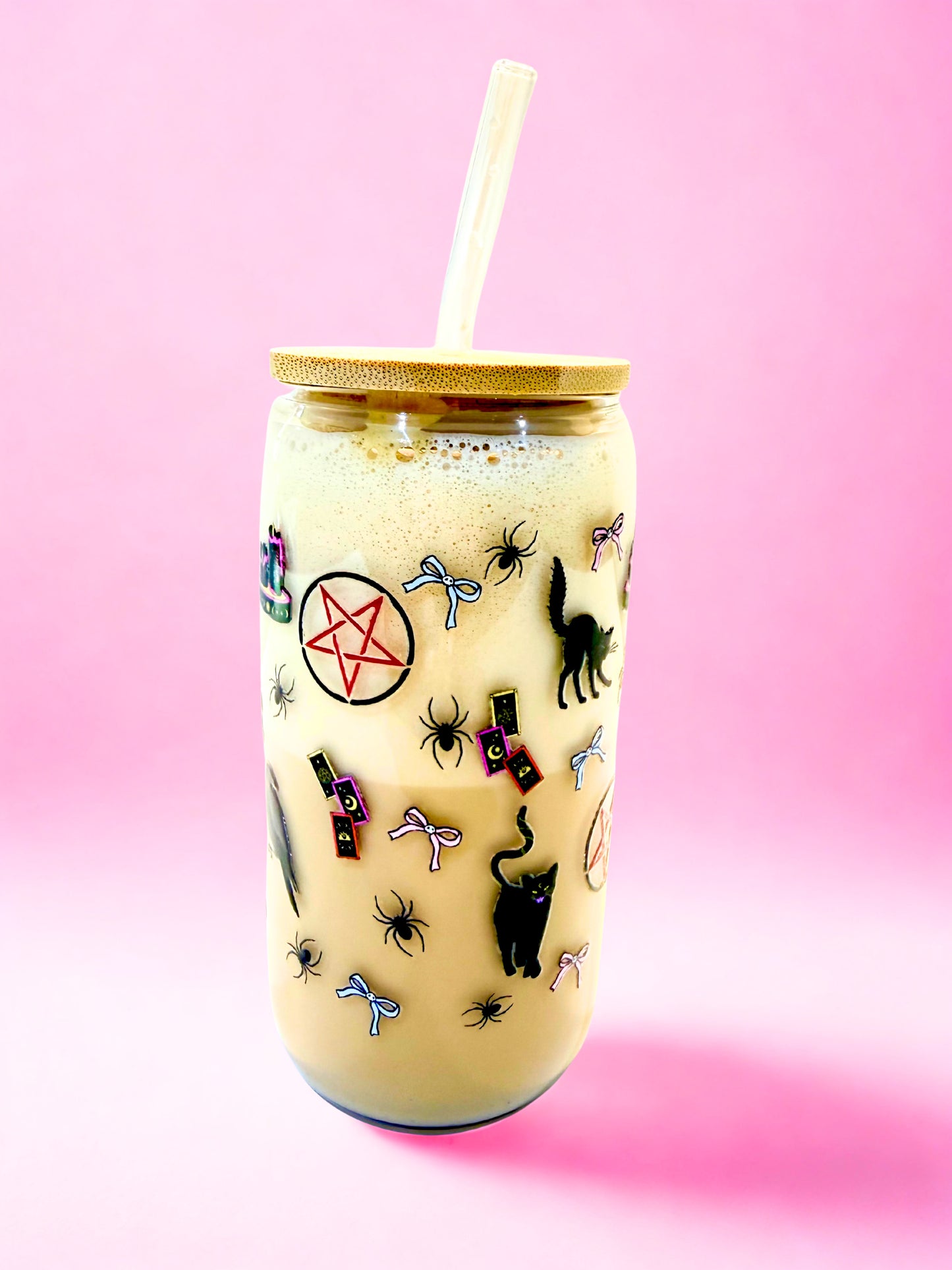 spooky bookish glass tumbler with gothic text and bamboo lid