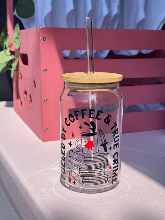 "Fuelled by Coffee and True Crime Books" – Glass Tumbler for Book Lovers