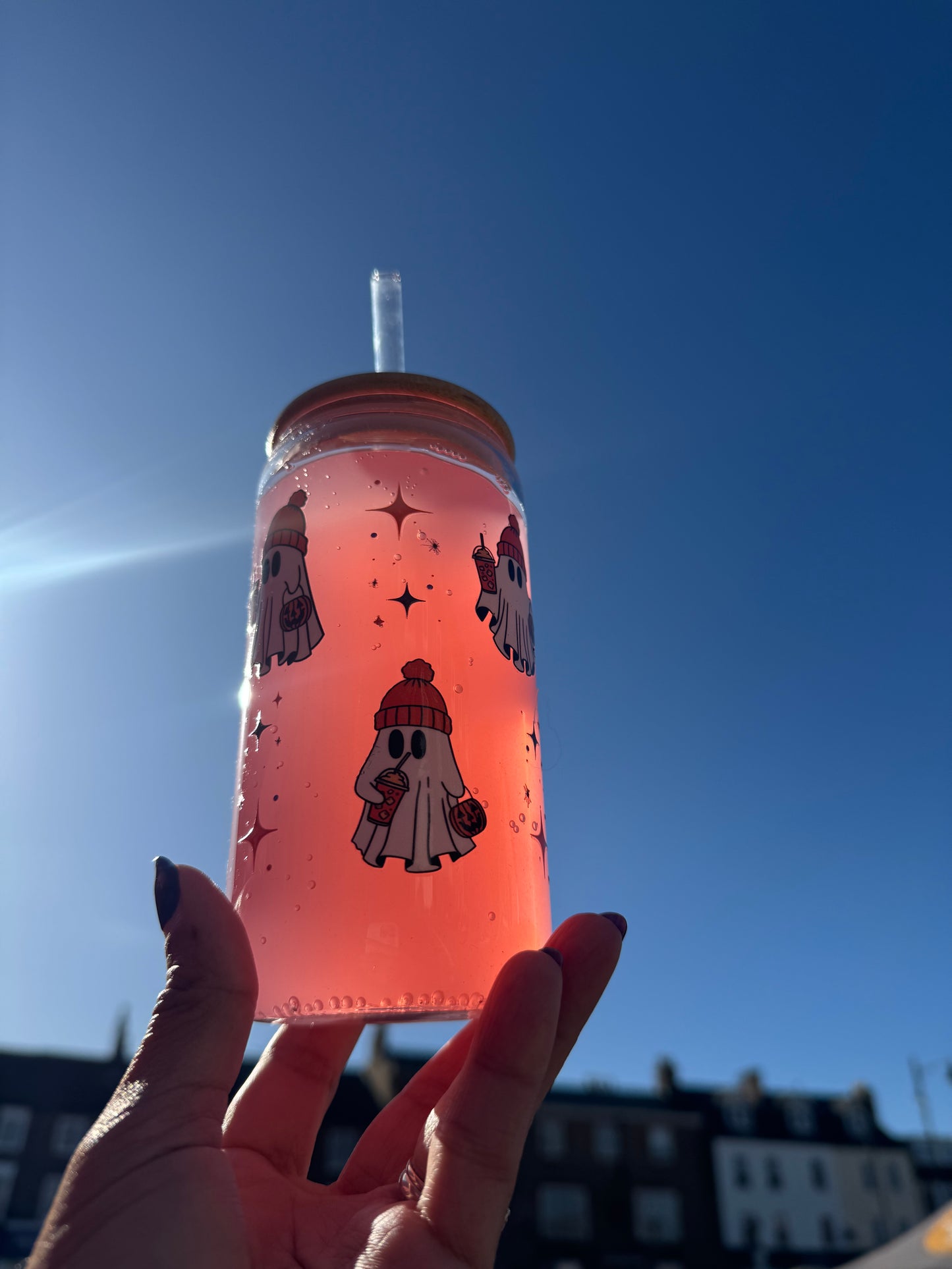 Boo Trick or Treat Glass Can Cup – Cute Ghosts with Pumpkin Spice & Halloween Design