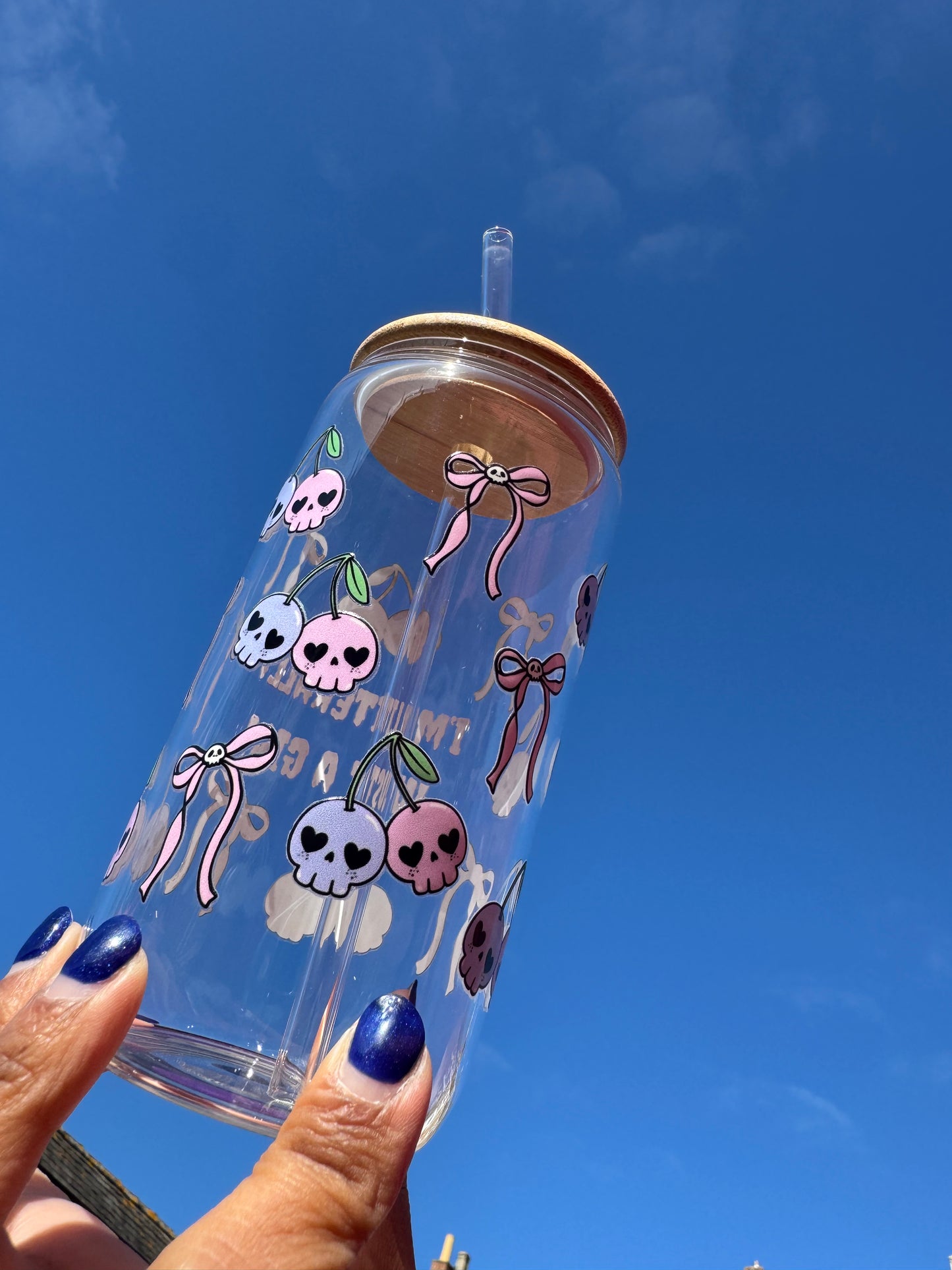 I’m Literally Just a Girl Glass Can Cup – Pink & Purple Skull Cherry Halloween Design