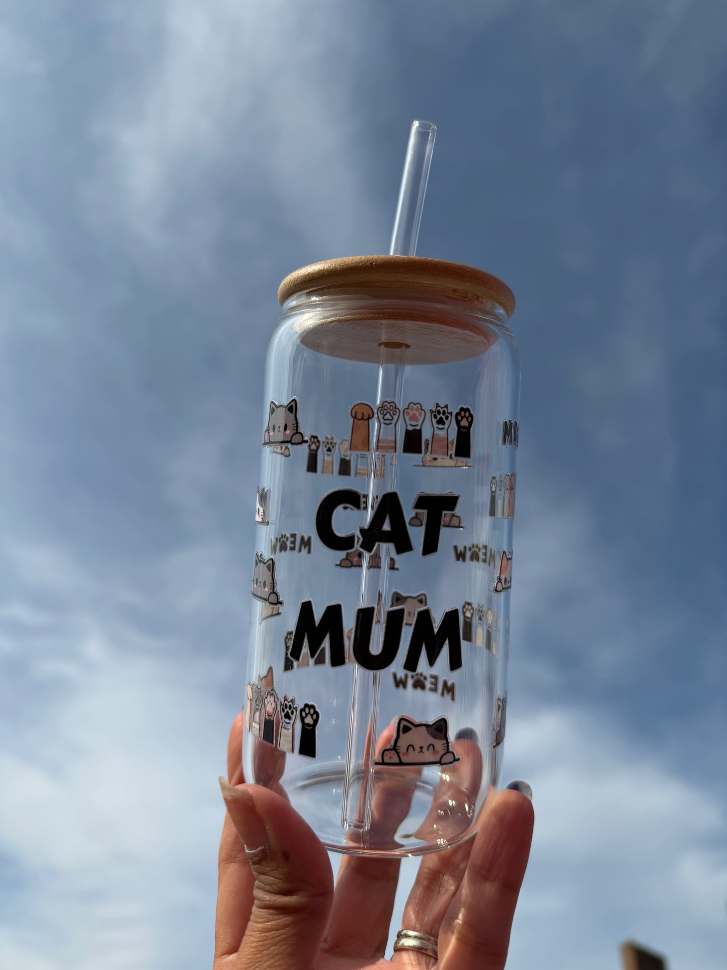 Cat Mum Glass with Straw & Bamboo Lid – Reusable Gift for Cat Lovers