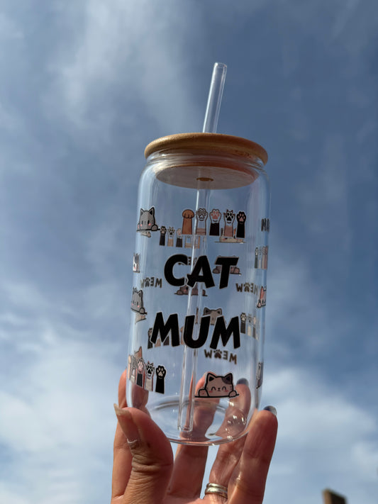 Cat Mum Glass with Straw & Bamboo Lid – Reusable Gift for Cat Lovers
