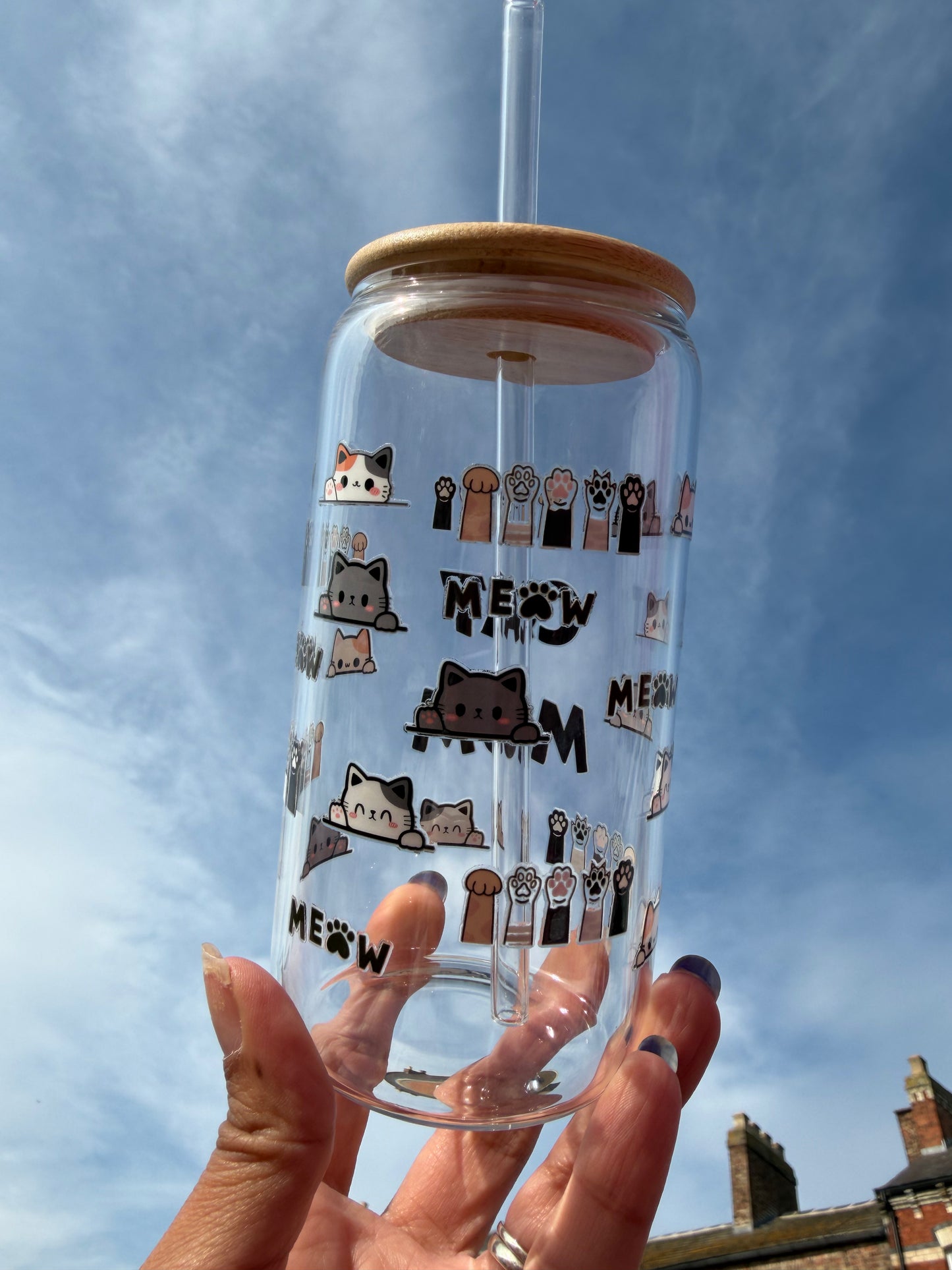 Cat Mum Glass with Straw & Bamboo Lid – Reusable Gift for Cat Lovers