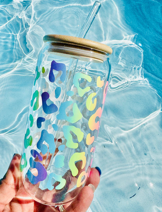 Rainbow leopard print glass tumbler with bamboo lid and straw – reusable iced coffee cup