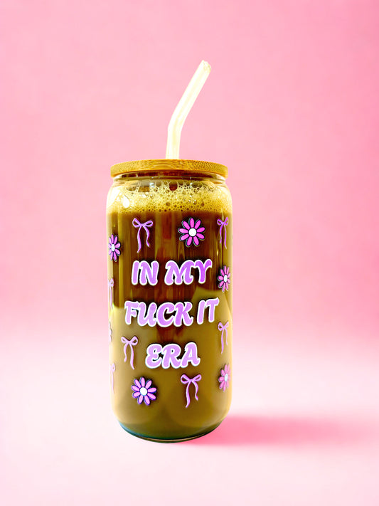 In my fuck it era 16oz glass can cup with bamboo lid and glass straw