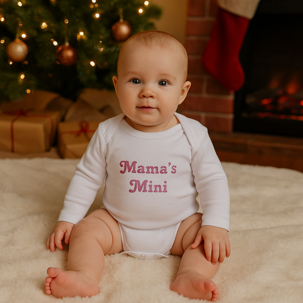 A baby wearing a white long-sleeve bodysuit printed with pink glitter text that reads “Mama’s Mini,” sitting on a fluffy rug in front of a Christmas tree and fireplace.