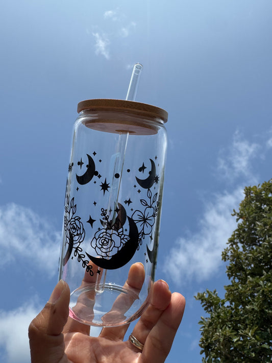 Moon and roses heart design glass can cup with bamboo lid and reusable glass straw, decorated with moons and stars, 16oz / 480ml.