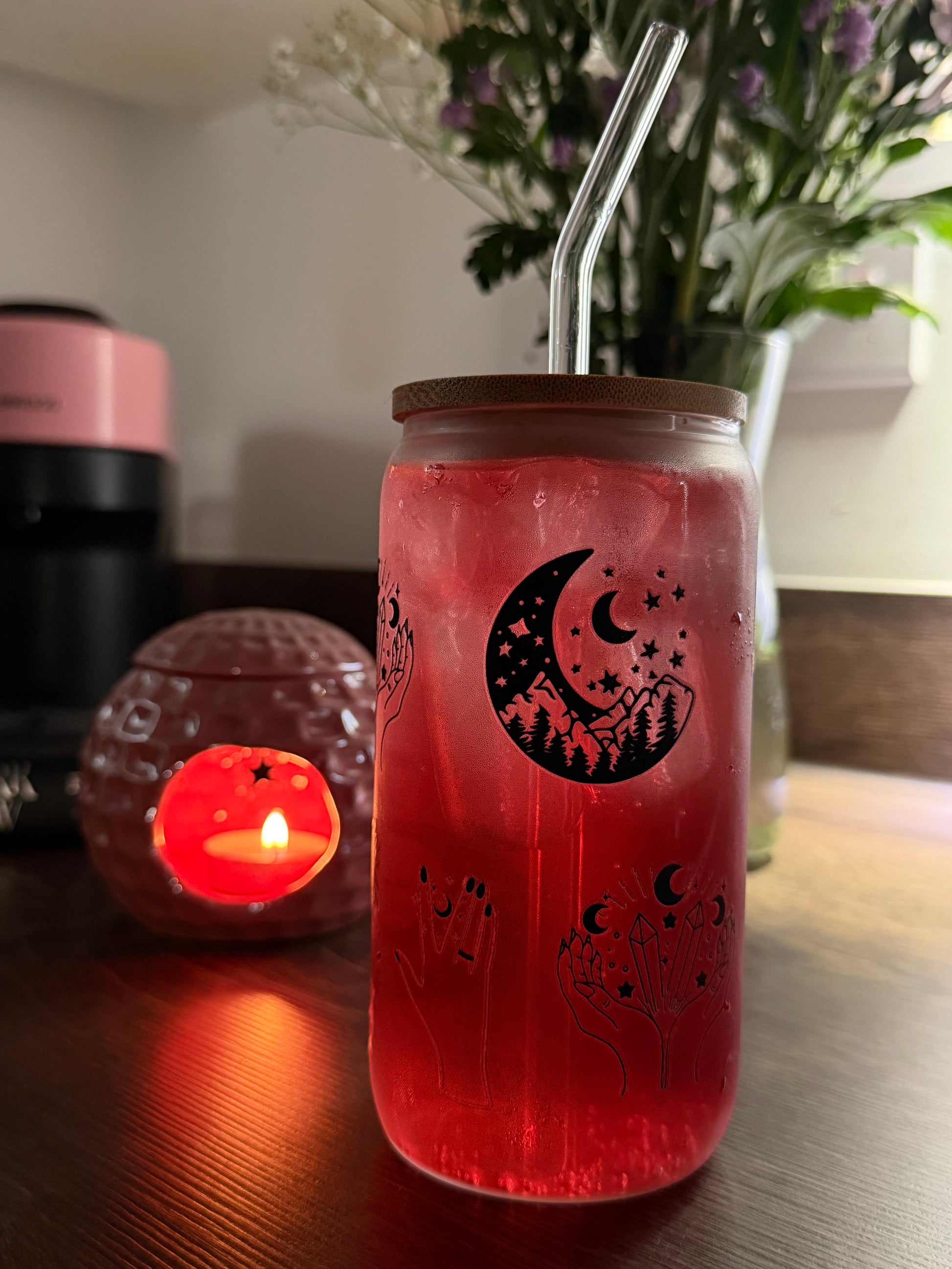 Celestial glass with witchy vibes in a glass can cup