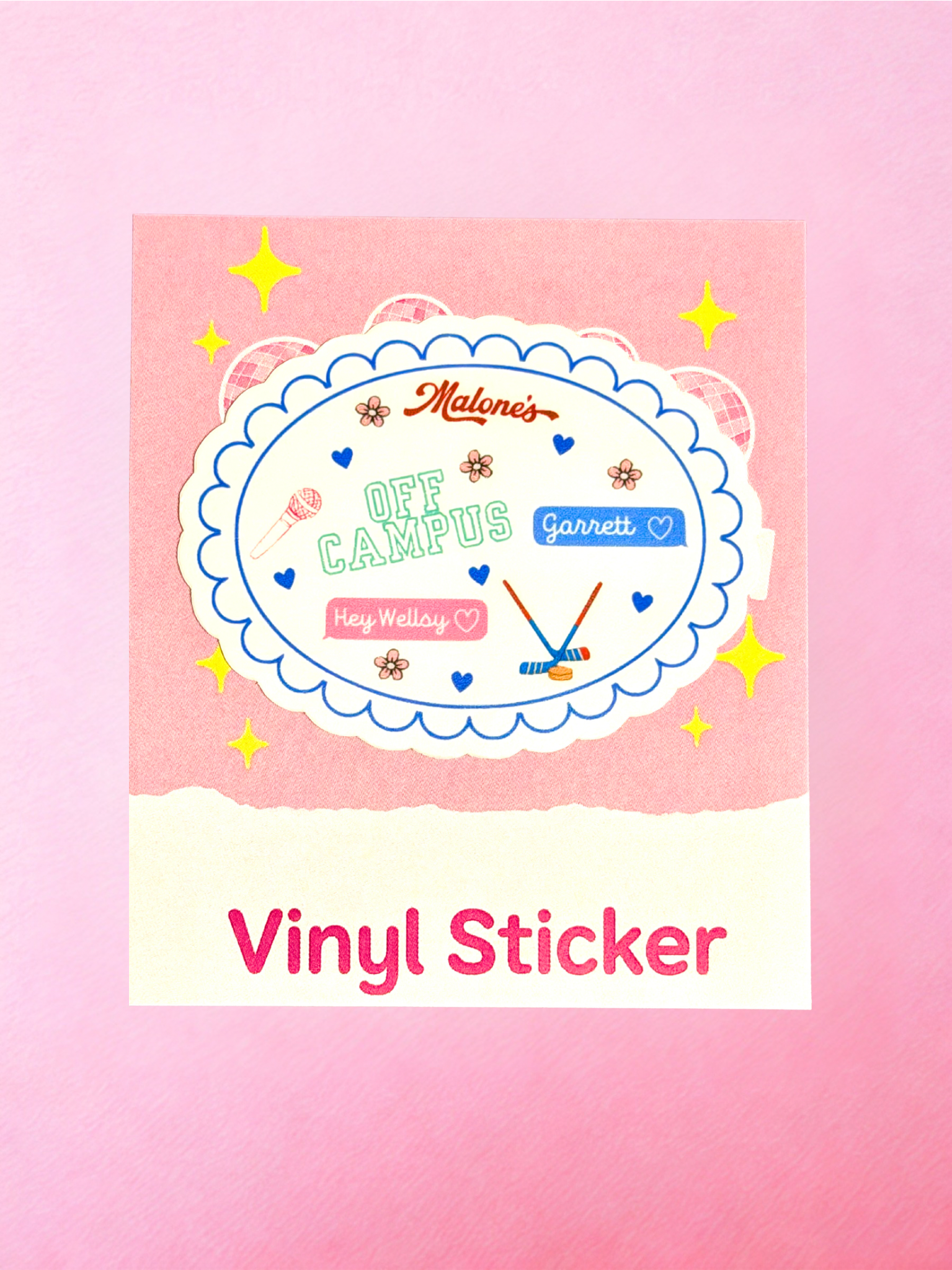 Off Campus inspired handmade vinyl sticker with pastel hockey romance themed artwork including Garrett, Hey Wellsy text, hearts, flowers and hockey sticks on a white scalloped oval design.