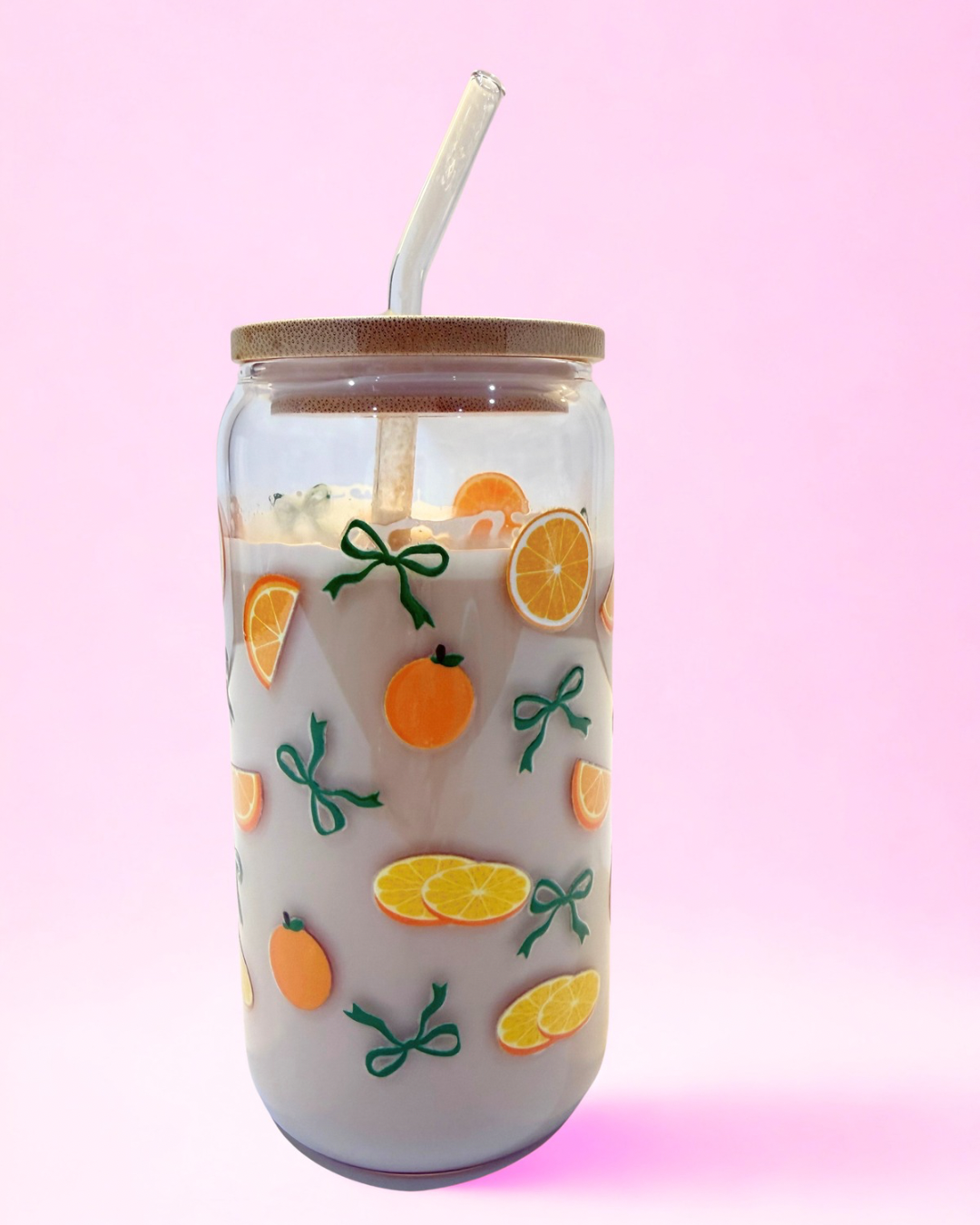 Oranges & Bows 16oz glass can cup featuring orange and citrus illustrations with green bows, bamboo lid and reusable glass straw