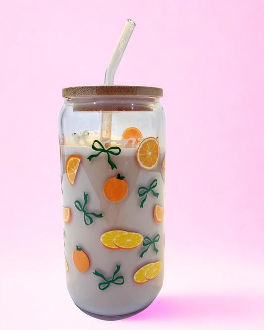 Oranges & Bows 16oz glass can cup featuring orange and citrus illustrations with green bows, bamboo lid and reusable glass straw