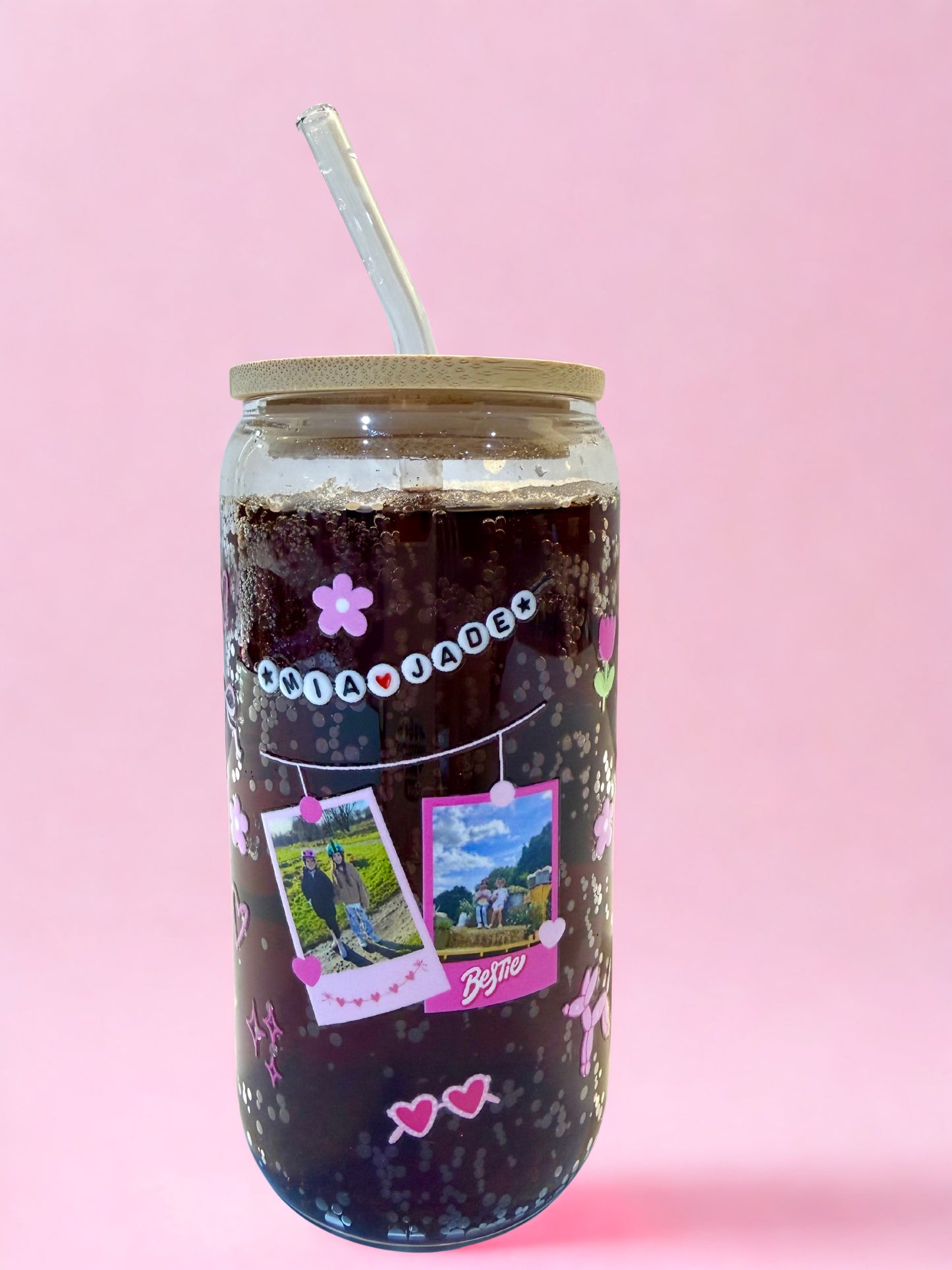 Custom photo tumbler with polaroid style pictures and straw